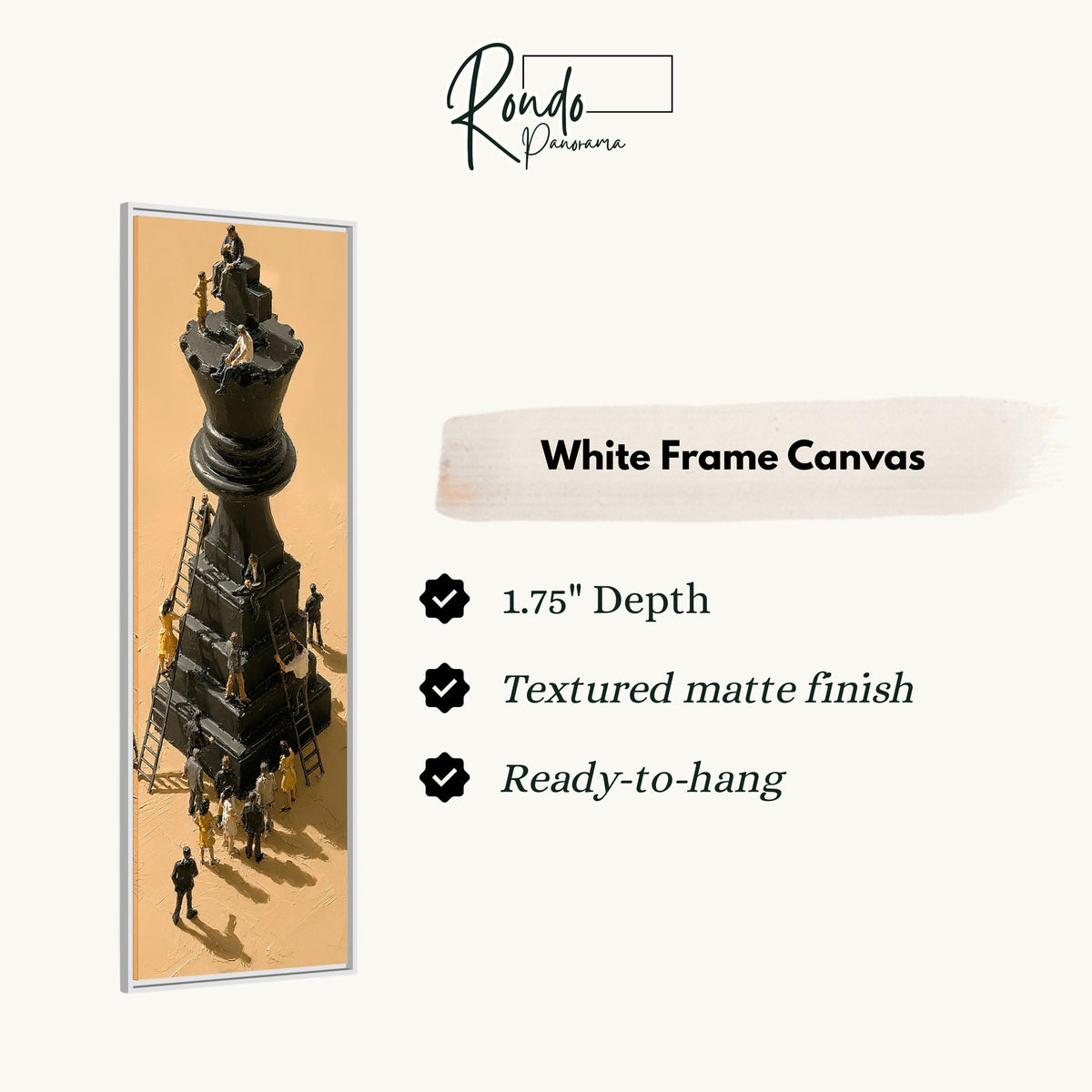 Tiny workers climbing a giant chess king canvas print in a white floating frame