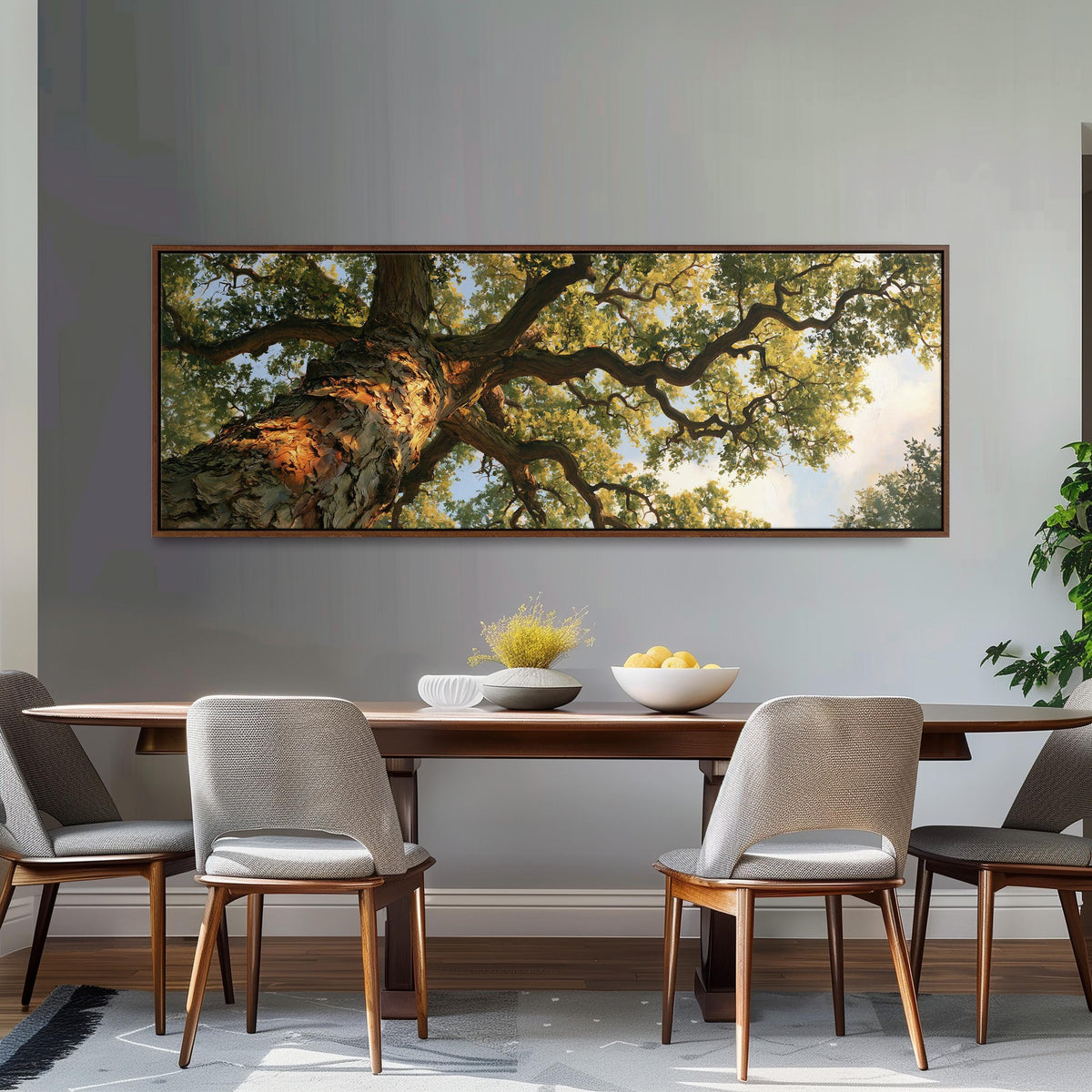 Twisting oak branch from below long horizontal canvas print displayed on a wall