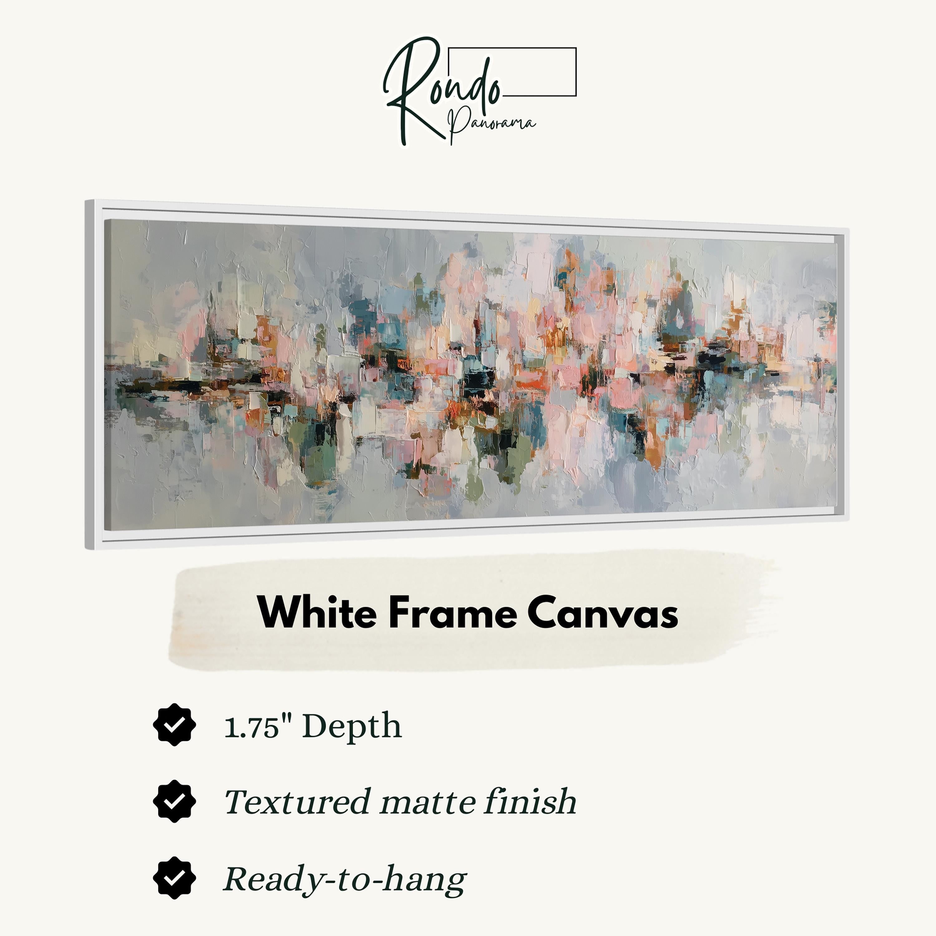 The image is a product advertisement for a white frame canvas. It features a large abstract painting with a textured finish and a 1.75" depth. The canvas is described as textured matte finish and ready-to-hang.