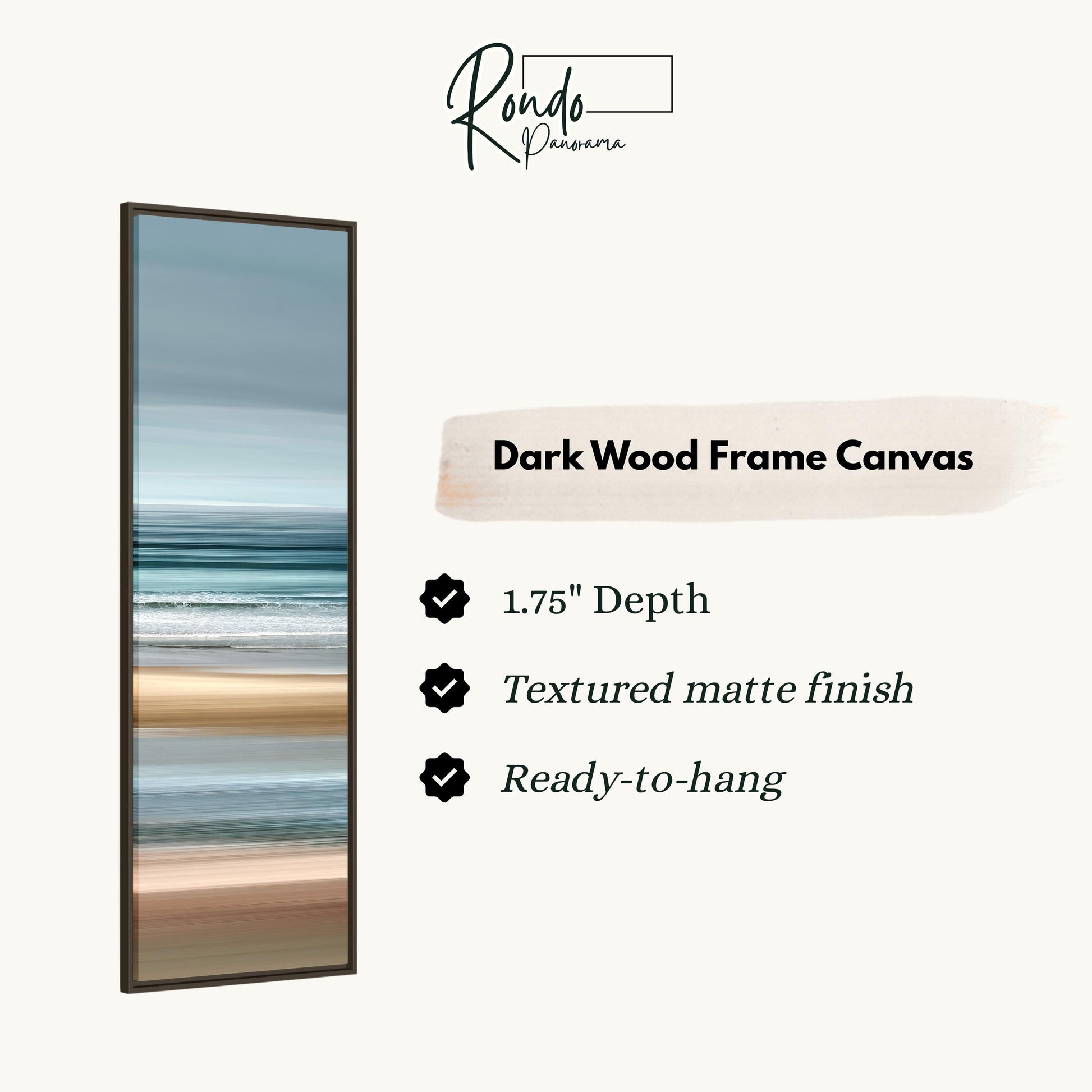 The image is a product description for a dark wood frame canvas. It features a vertical image of a beach scene with a 1.75" depth, a textured matte finish, and is ready to hang.