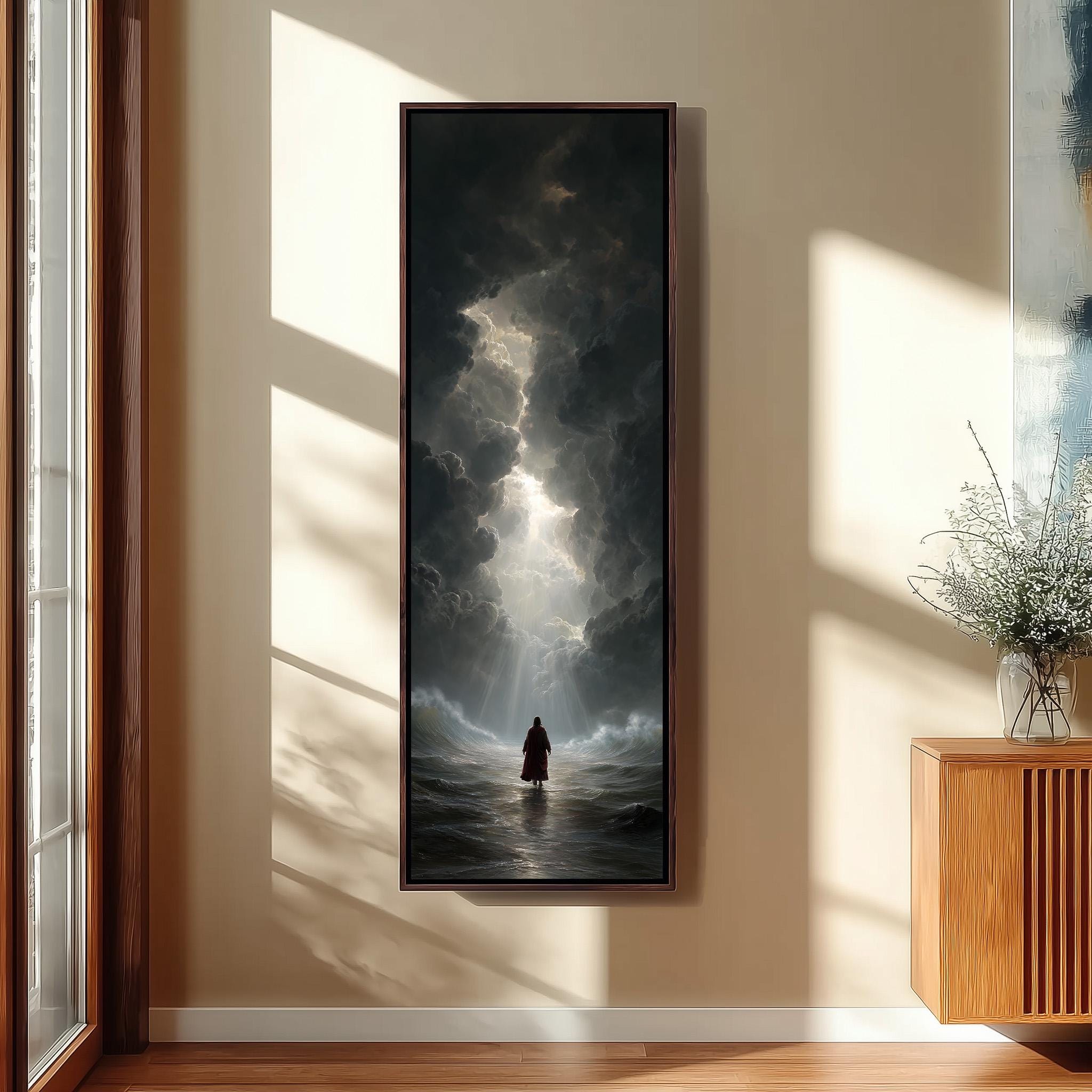 a person standing in a dark, stormy environment, with a bright light shining through the clouds, creating a dramatic and atmospheric scene.