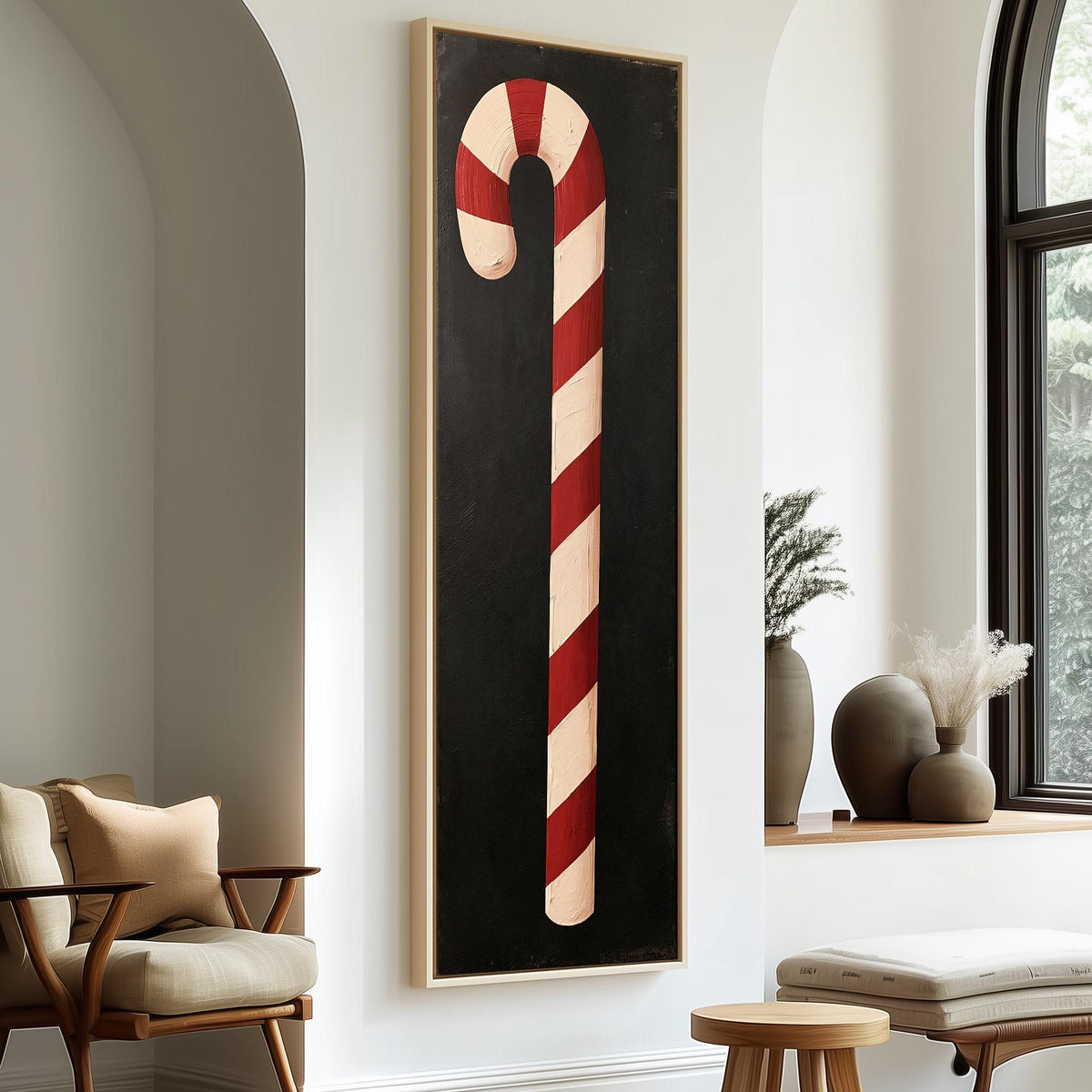 Single candy cane on black tall skinny canvas print in a sunlit living space