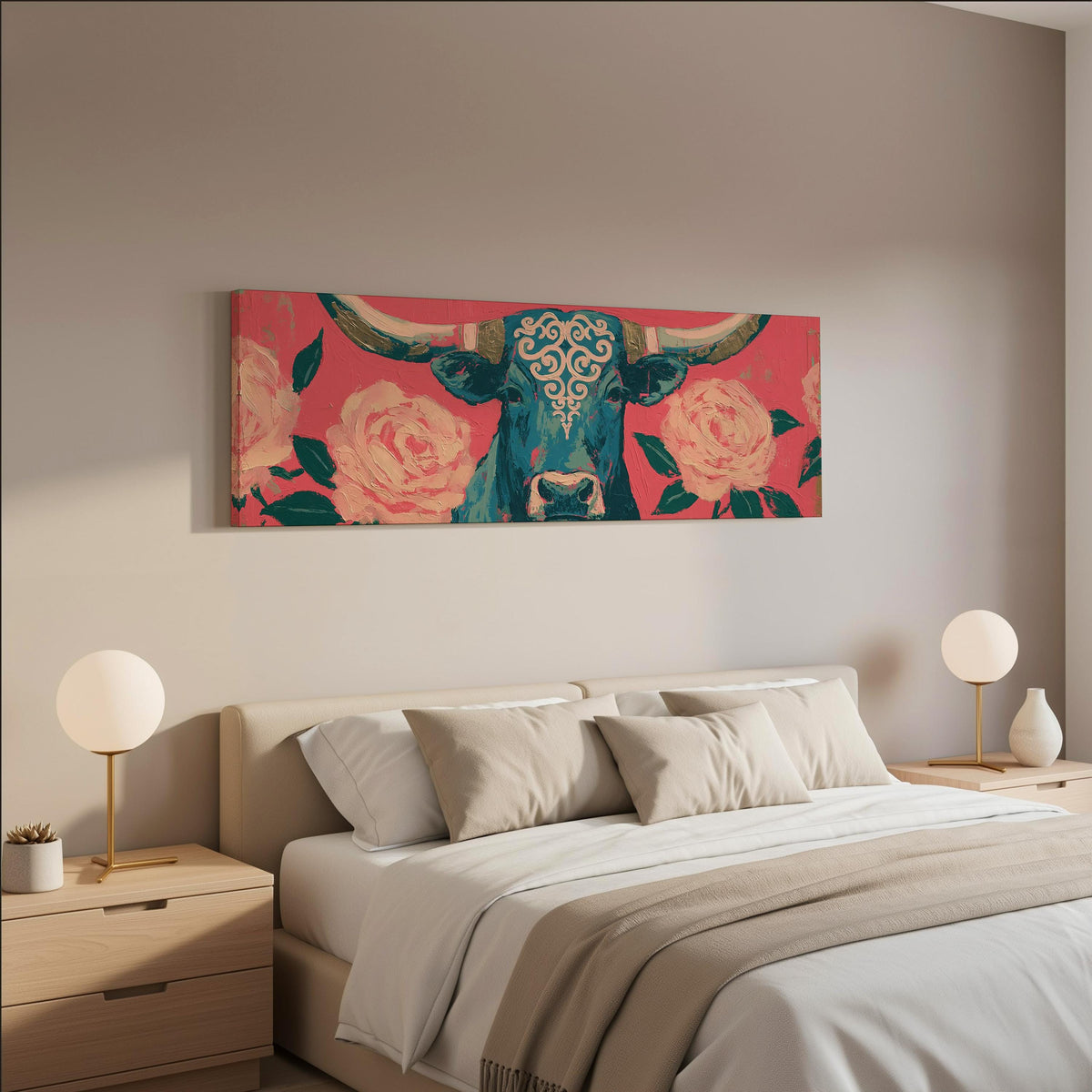 Longhorn with pink roses wide panoramic canvas print above a bed in a neutral bedroom