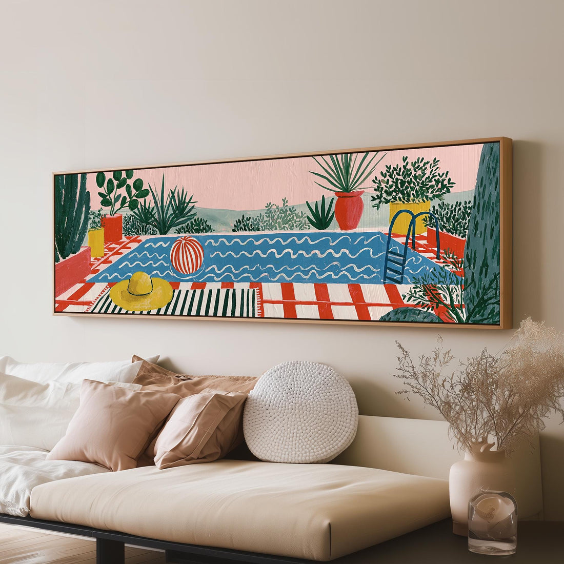 Colorful poolside courtyard long horizontal canvas print above a sofa in a living room