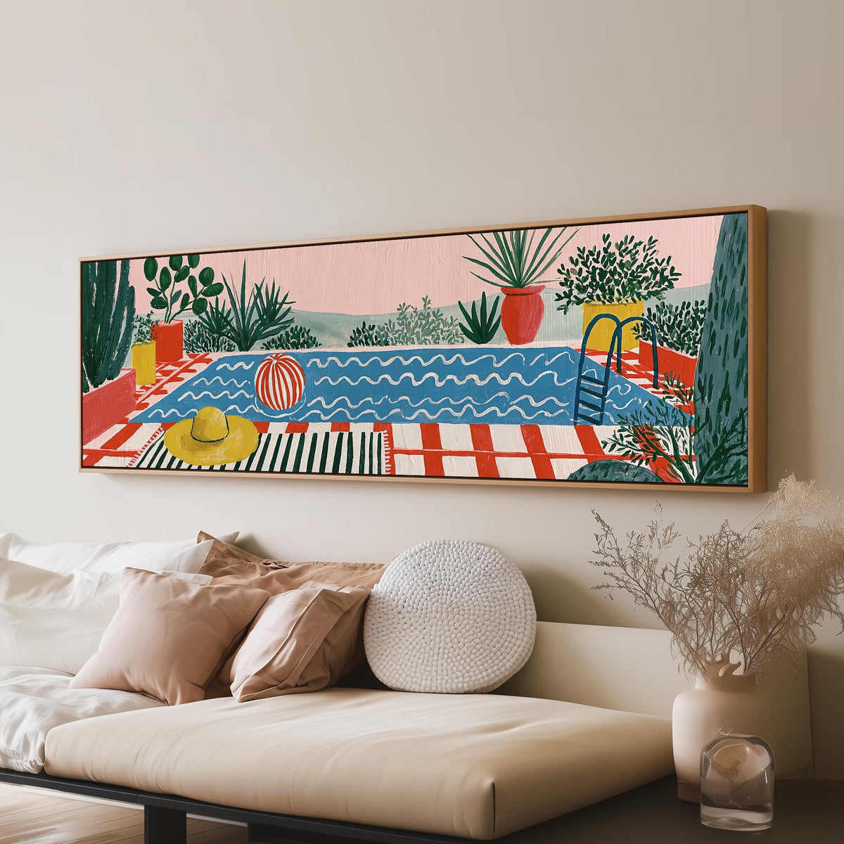 Colorful poolside courtyard panoramic canvas print above a sofa in a living room