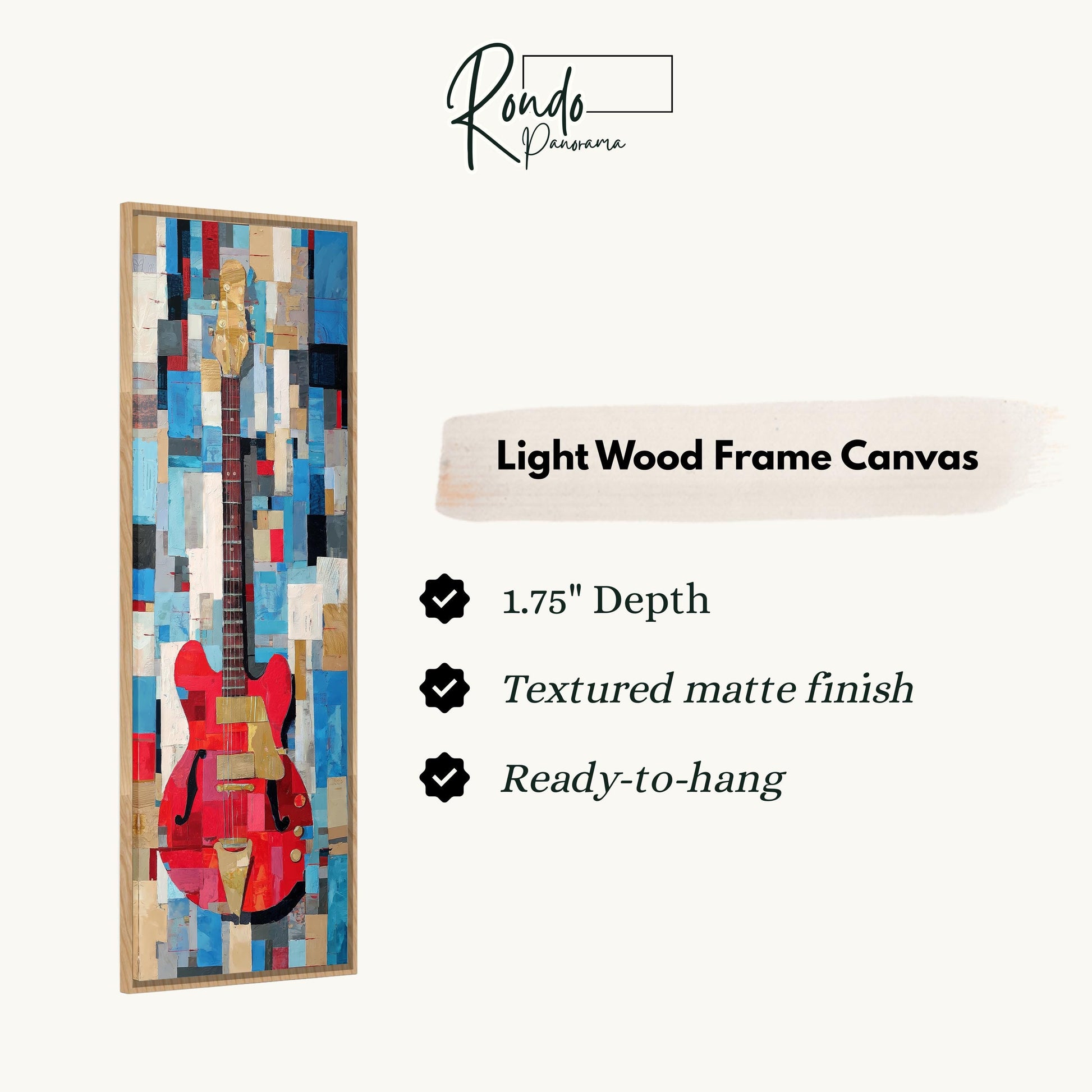 The image is a light wood frame canvas featuring a vibrant abstract painting of a red guitar. The canvas has a 1.75" depth, is textured with a matte finish, and is ready to hang.