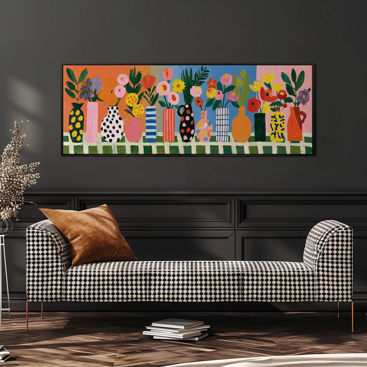 Patterned vases with bright bouquets wide panoramic canvas print above a bench in a dark living room