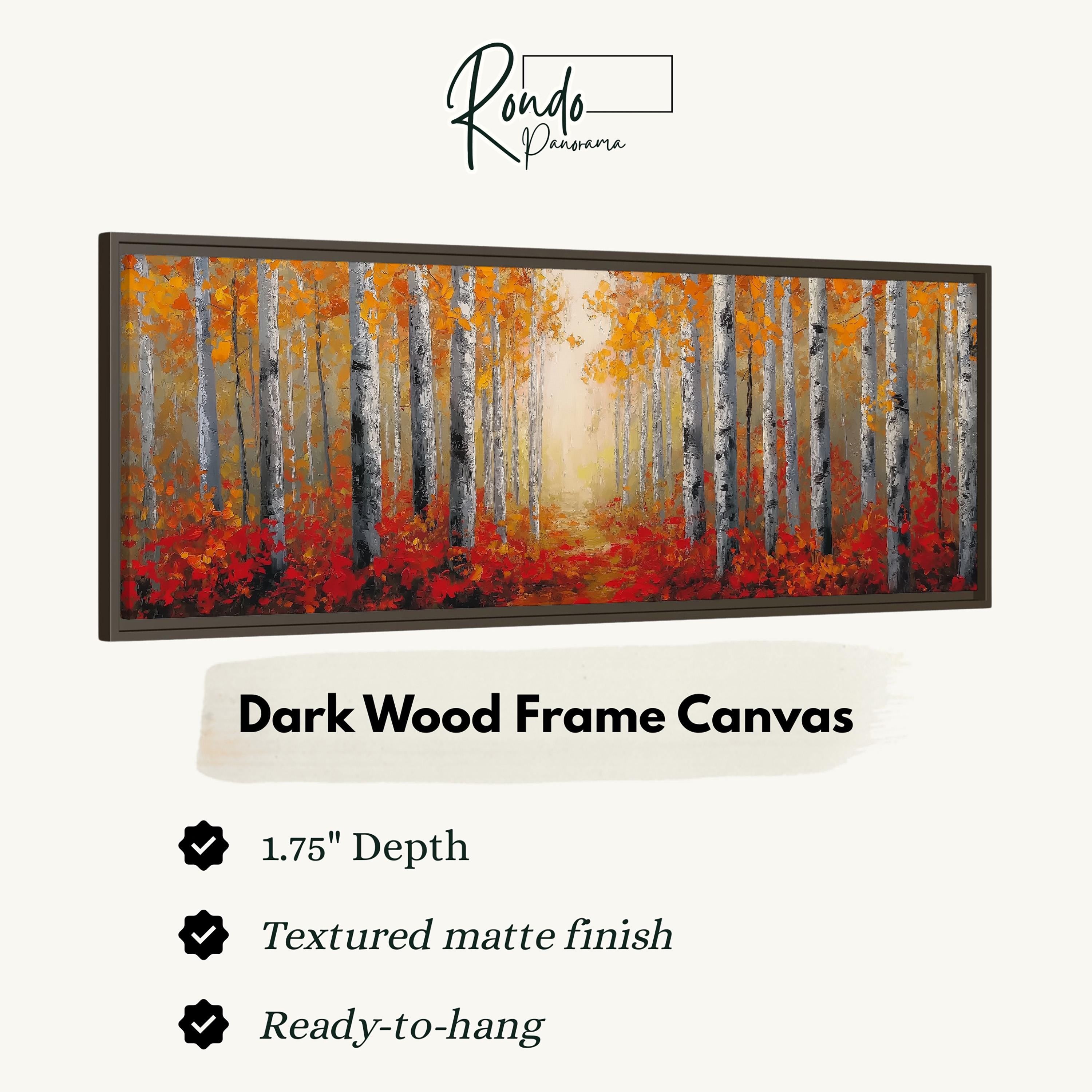 The image is a framed artwork depicting a forest with tall trees and a path leading through the trees, with a warm, autumnal color palette.
