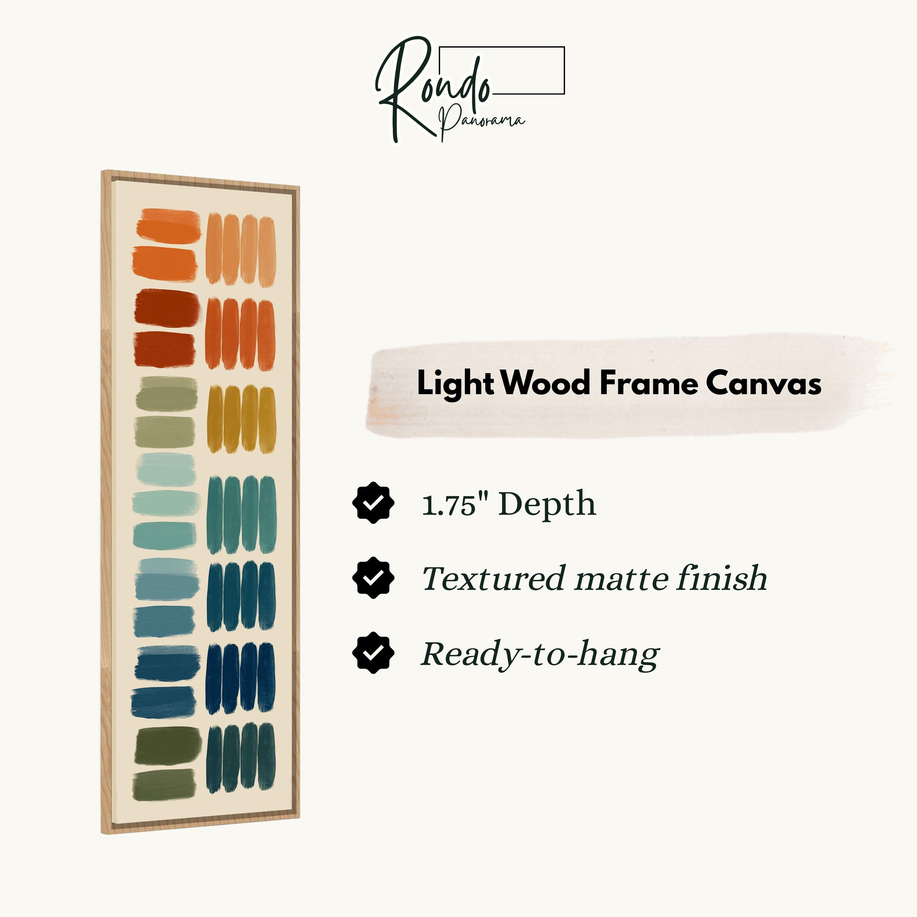 The image is a product description for a light wood frame canvas. It features a vertical arrangement of various colored paint strokes, ranging from light to dark, and highlights the canvas's 1.75" depth, textured matte finish, and ready-to-hang feature.
