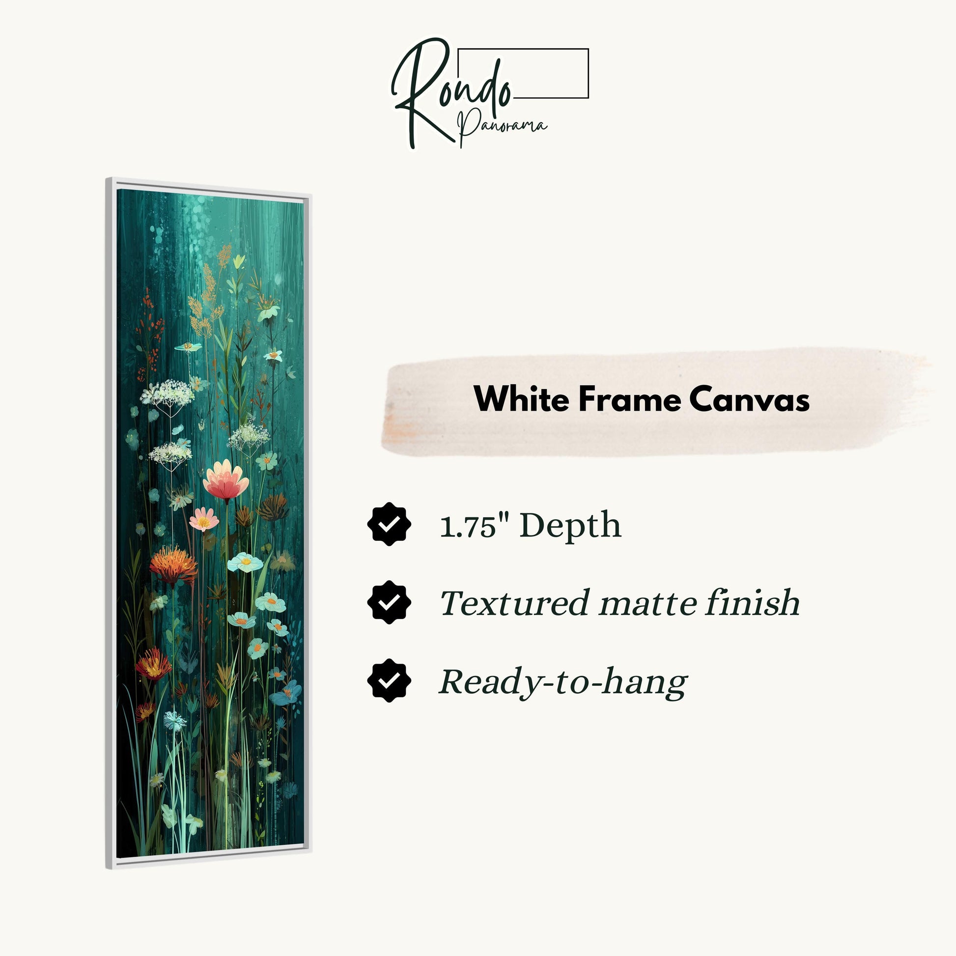 The image is a white frame canvas with a painting of flowers and plants on it.