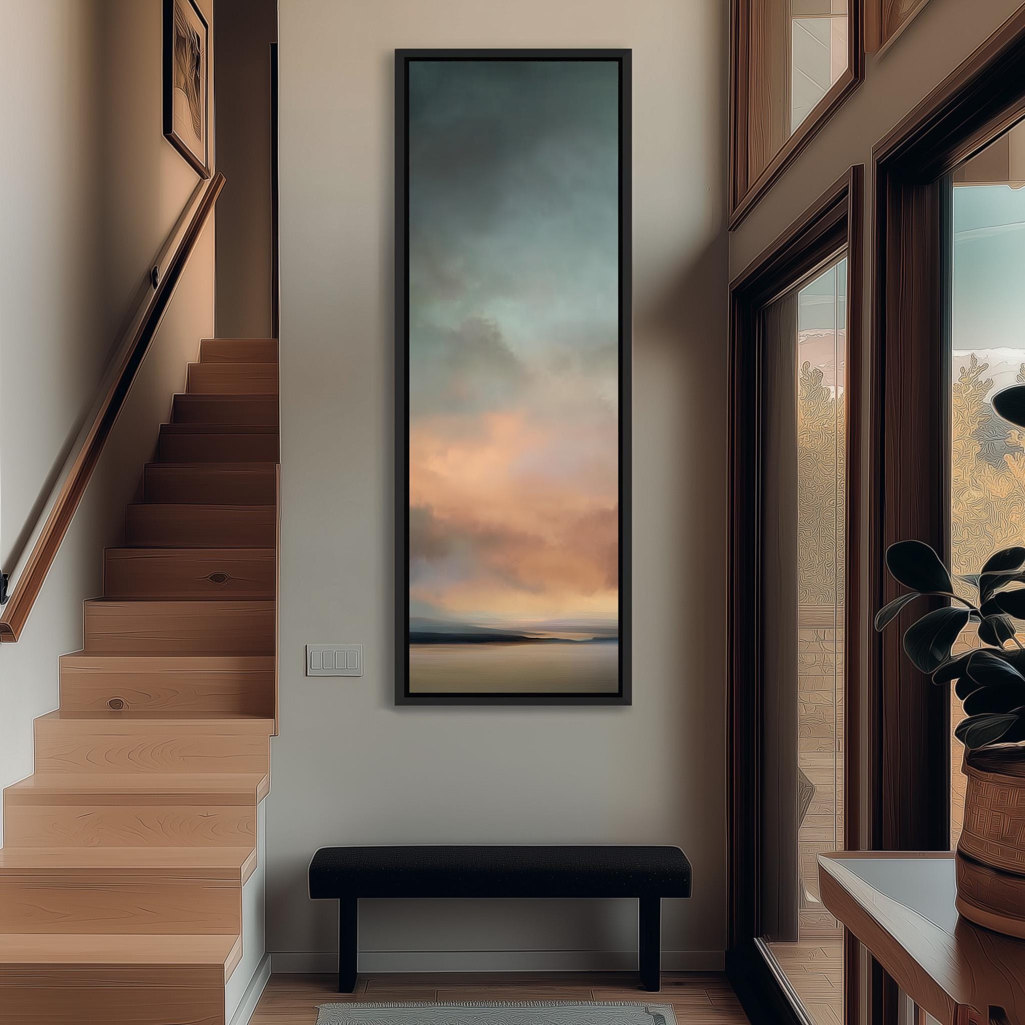 a modern interior design with a large window, a wooden staircase, and a framed landscape painting hanging on the wall.