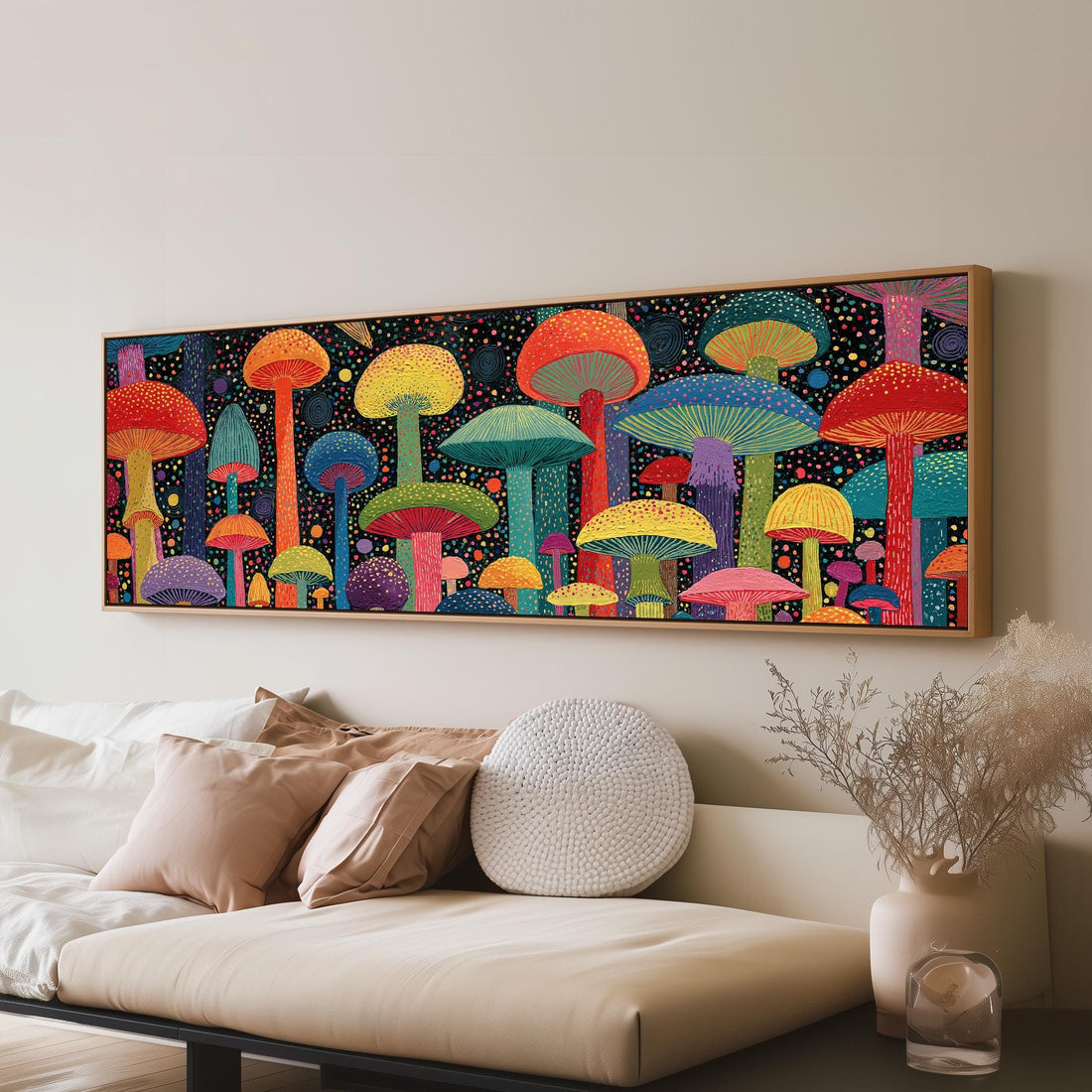 Colorful dotted mushrooms at midnight long horizontal canvas print above a sofa in a living room