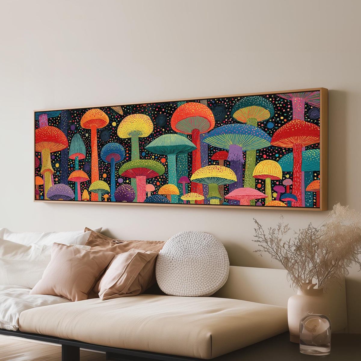 Colorful dotted mushrooms at midnight panoramic canvas print above a sofa in a living room