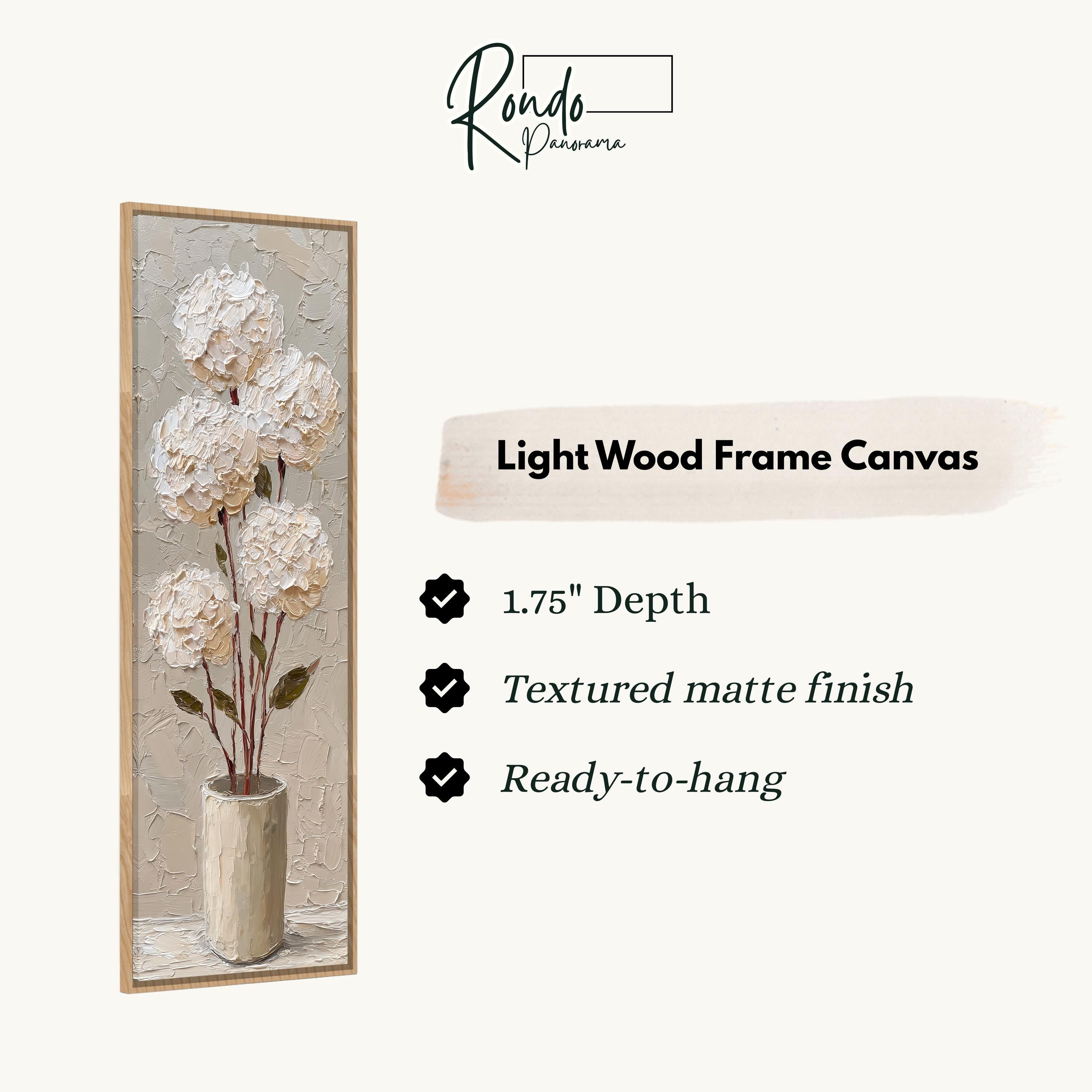 The image is a light wood frame canvas depicting a bouquet of white hydrangeas in a vase.
