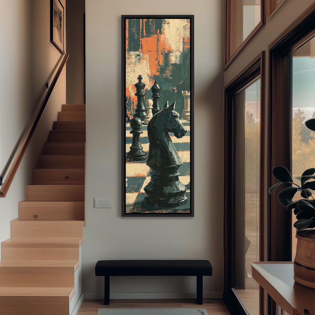 Black chess knight in dramatic shadows long vertical canvas print in a sunlit living space