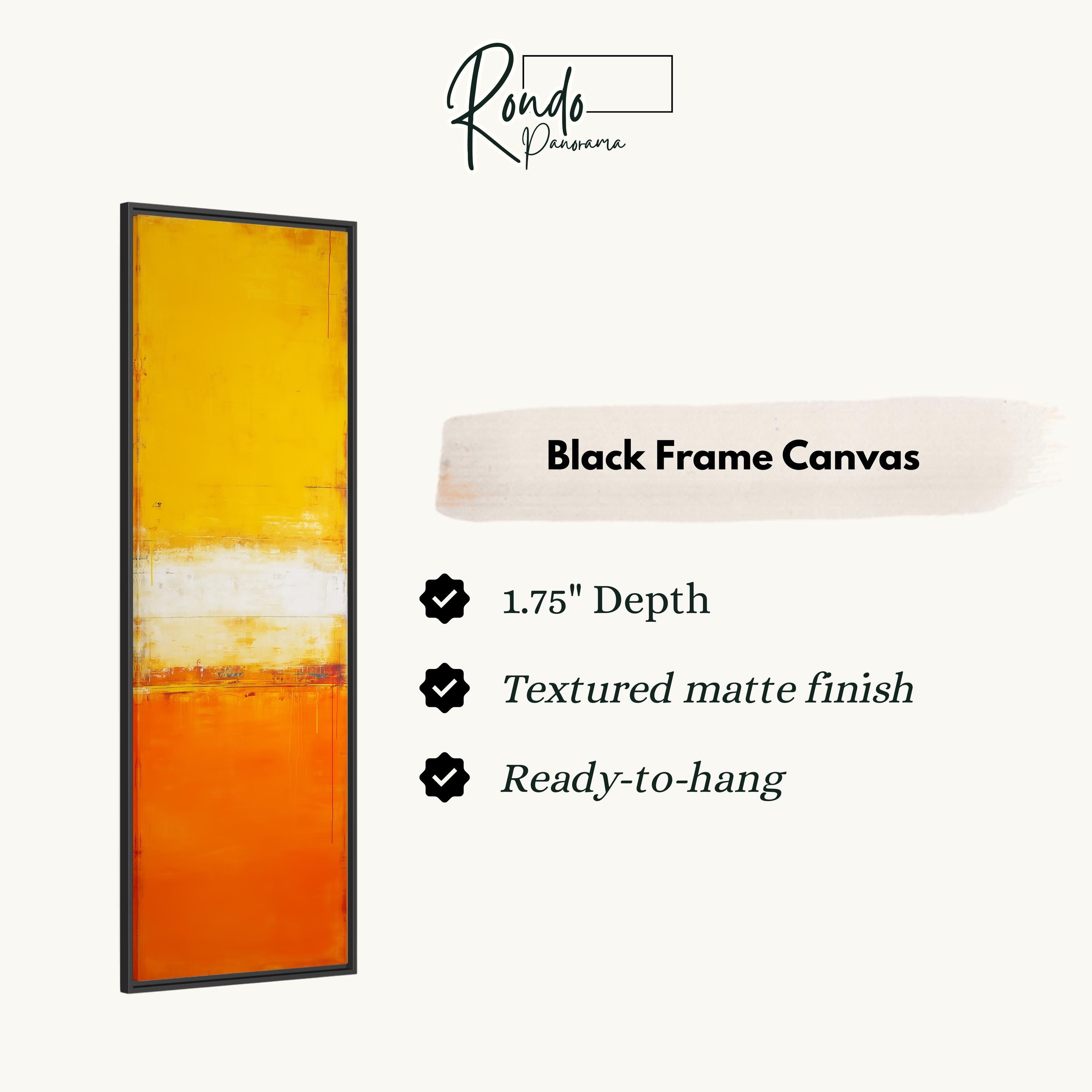 The image is a product description for a black frame canvas. It features a vertical black frame with a vibrant yellow abstract painting inside. The canvas has a 1.75" depth, a textured matte finish, and is ready to hang.