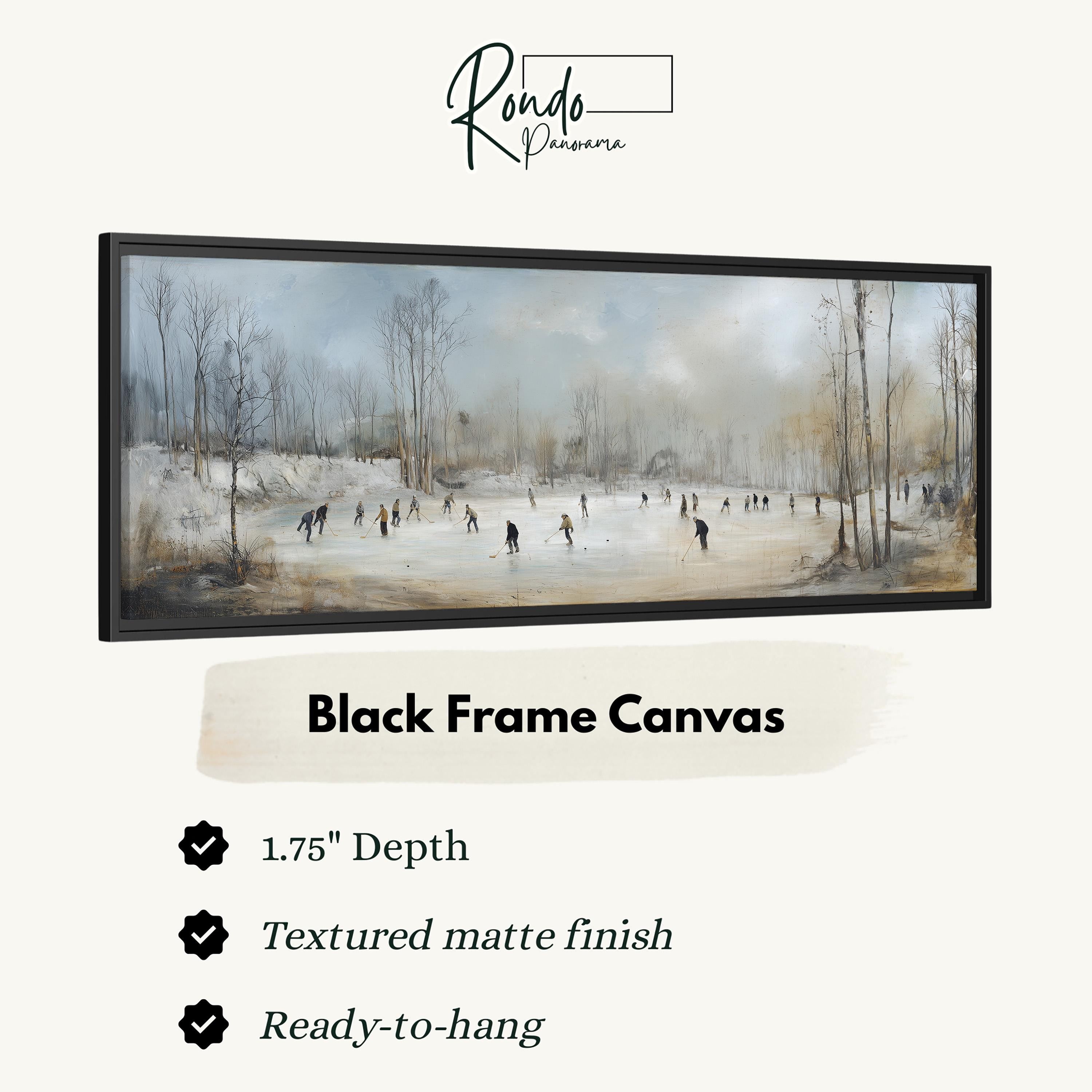 A black frame canvas depicting a group of people ice skating on a frozen lake.