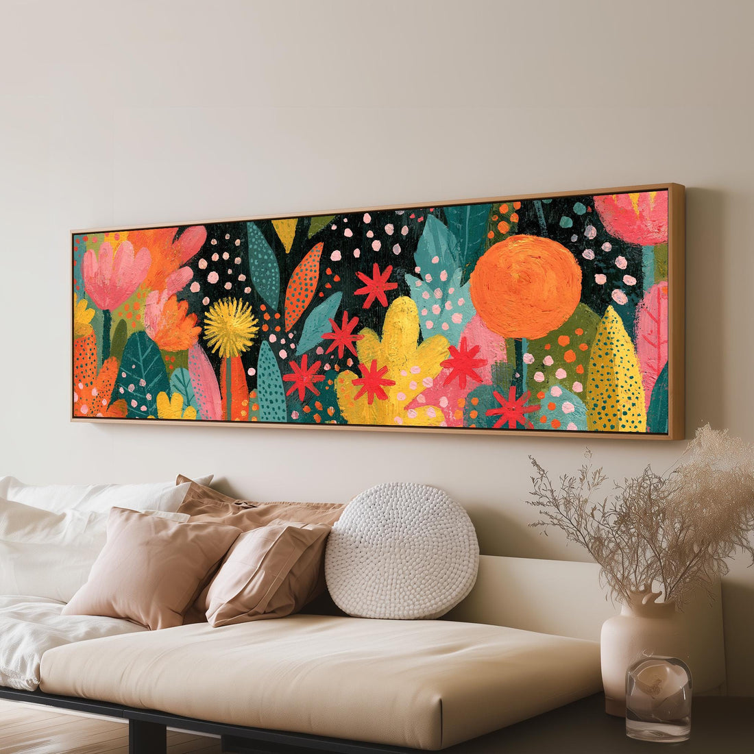 Starburst night garden long horizontal canvas print above a sofa in a living room