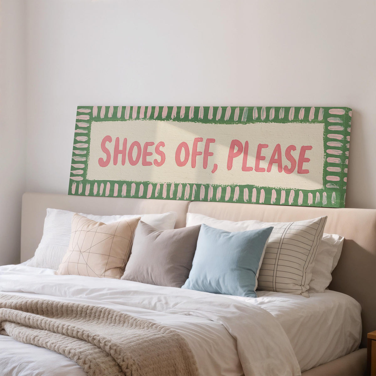 Shoes off, please sign long horizontal canvas print above a wooden sideboard