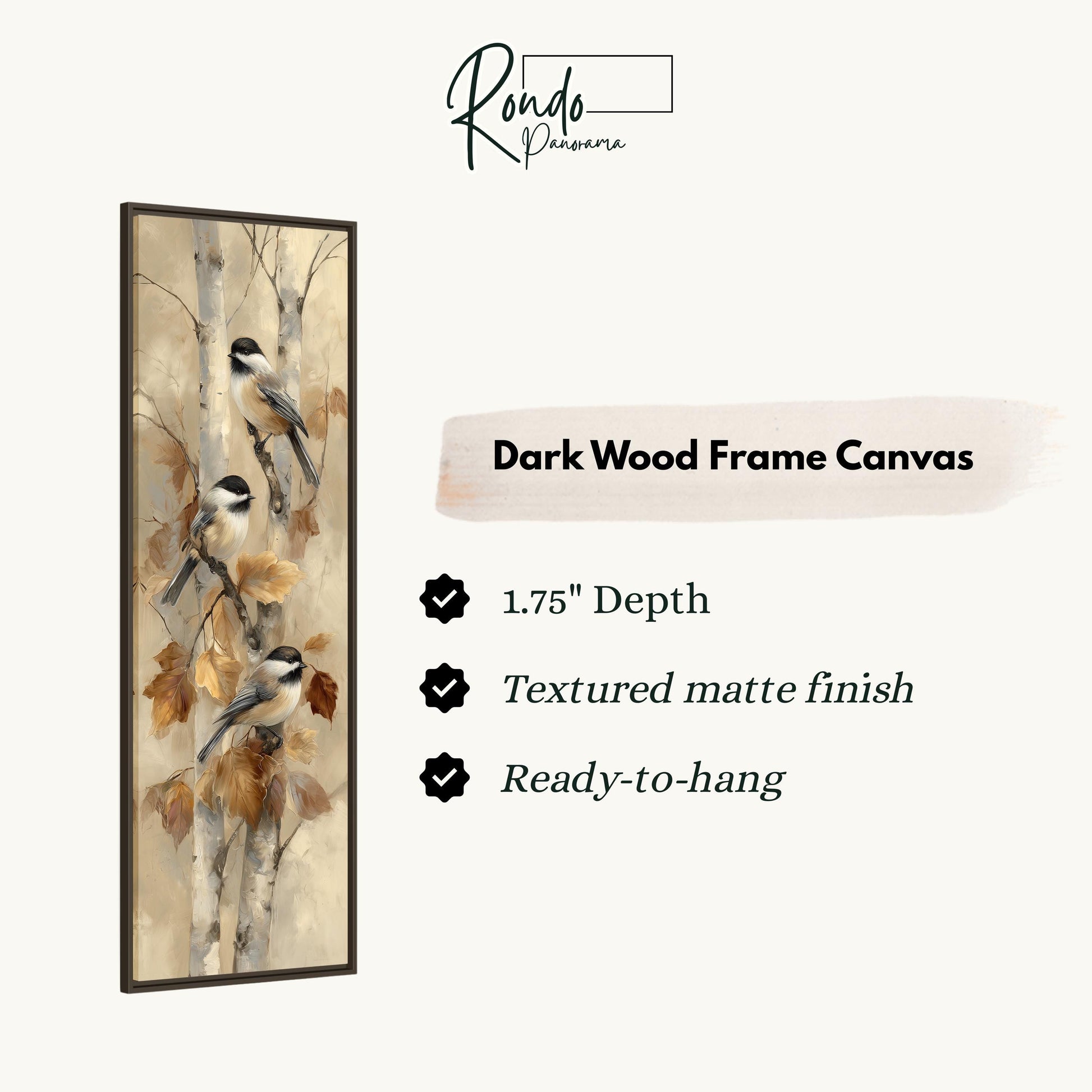 The image is a dark wood frame canvas featuring a painting of three chickadees perched on tree branches with autumn leaves.