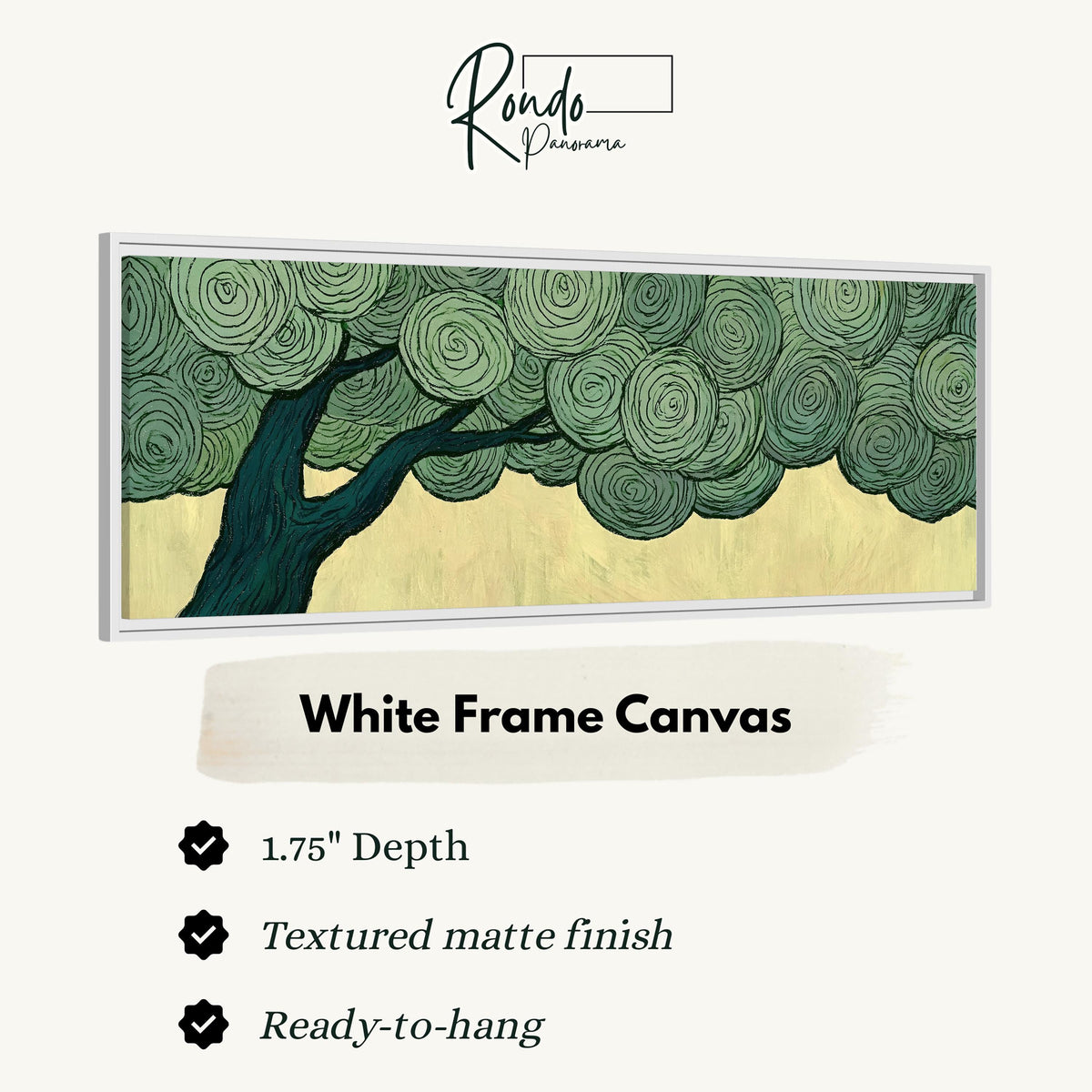 Tree with a swirling green canopy canvas print in a white floating frame