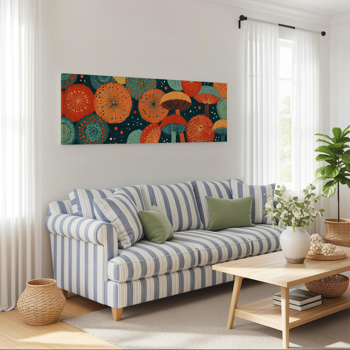 Orange and teal mushroom starburst long horizontal canvas print above a striped sofa in a coastal living room