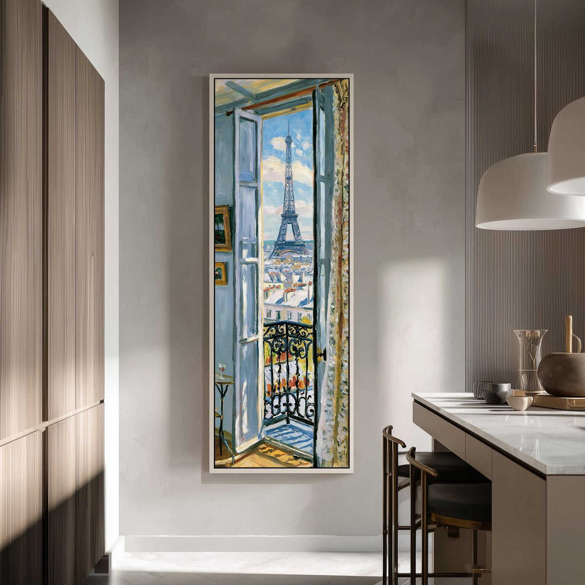 Eiffel Tower through a tall blue window tall skinny canvas print in a modern kitchen