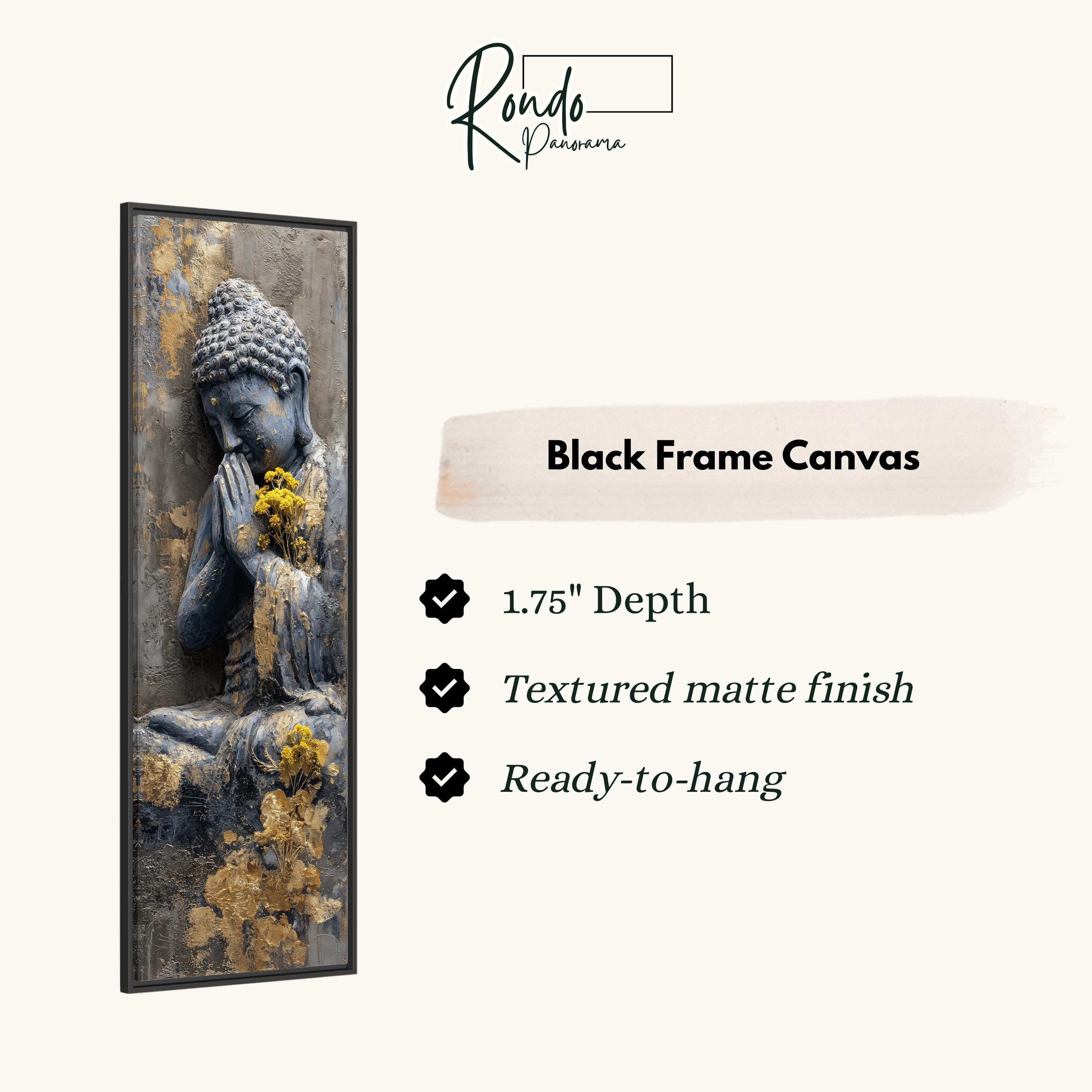 The image is a black frame canvas featuring a Buddha statue with a yellow flower in its mouth.
