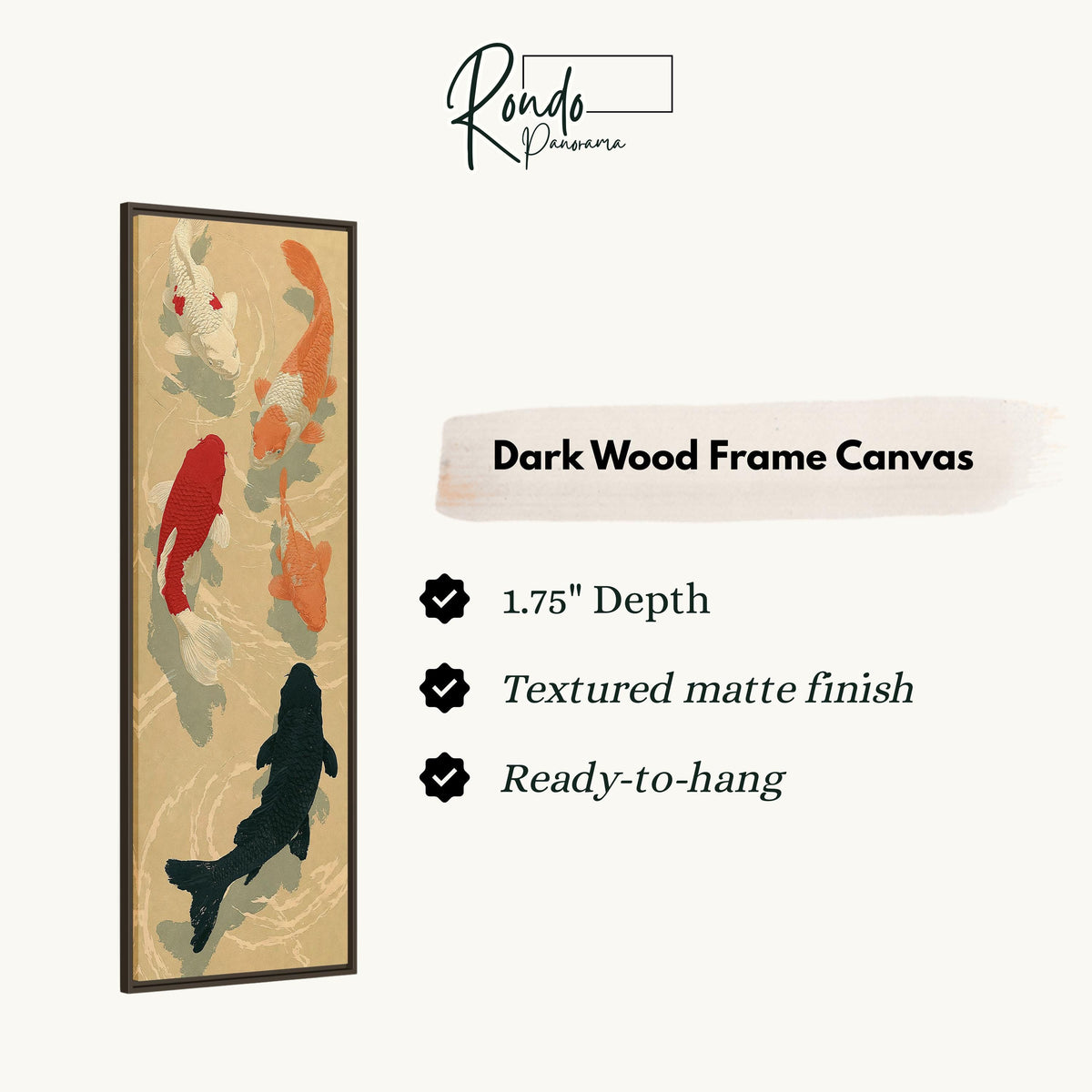 Koi fish pond canvas print in a dark wood floating frame
