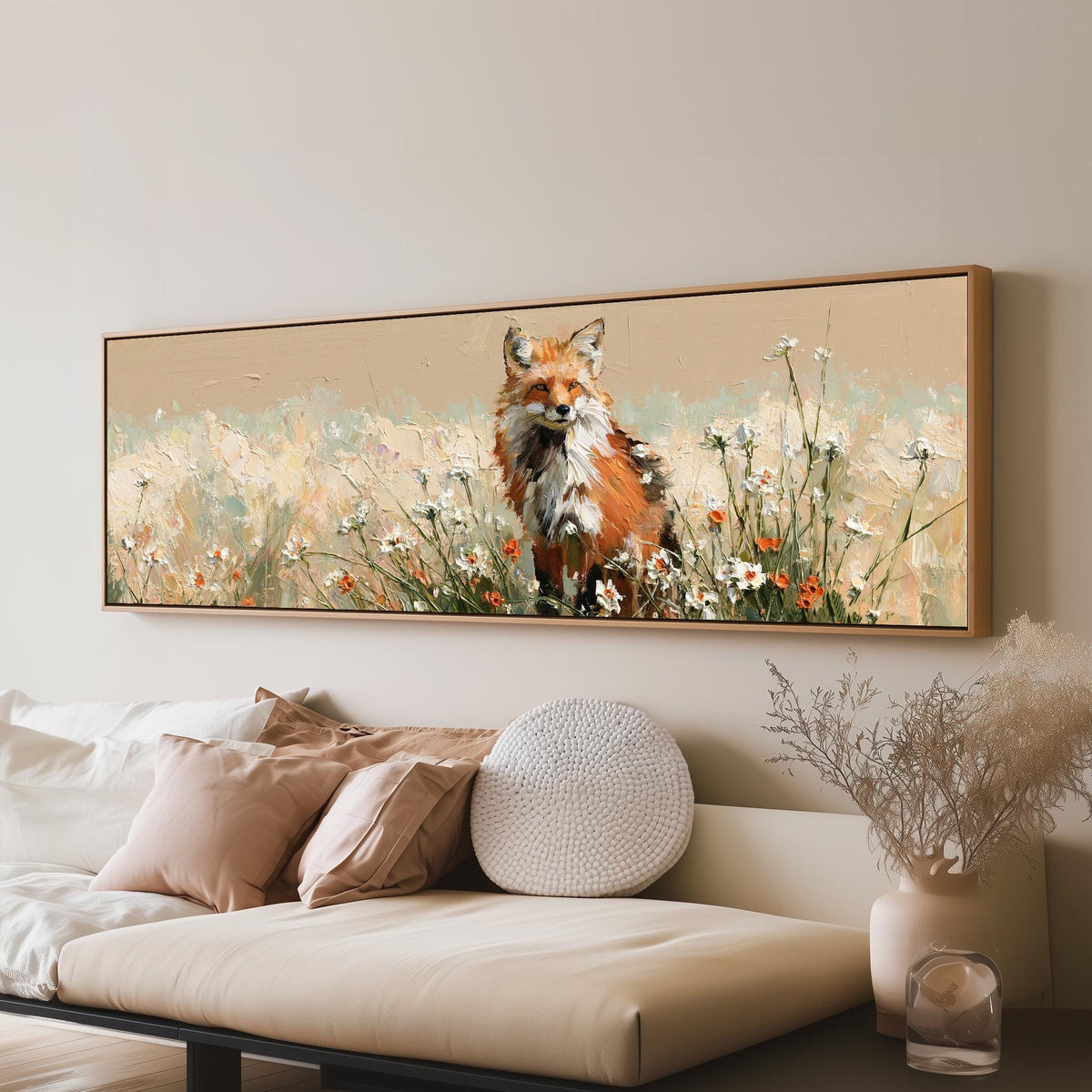 Red fox sitting among white wildflowers long horizontal canvas print above a sofa in a living room