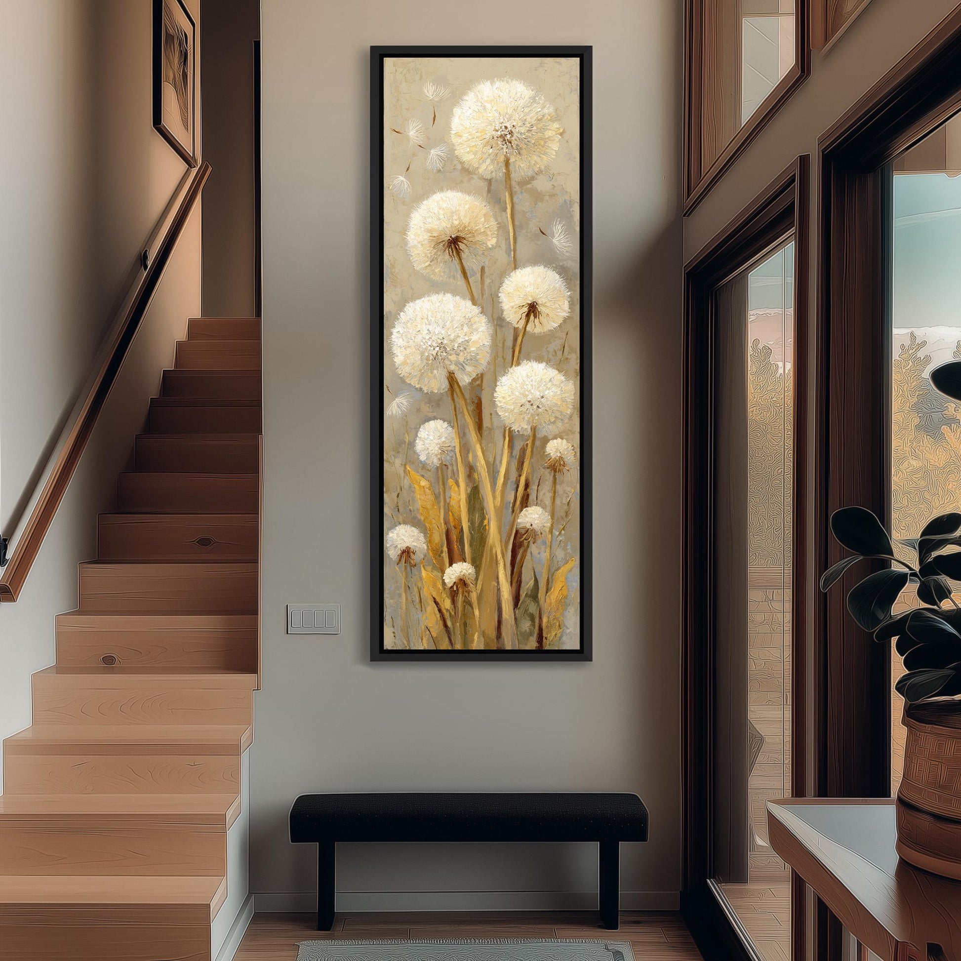 a large painting of dandelions hanging on the wall of a hallway.