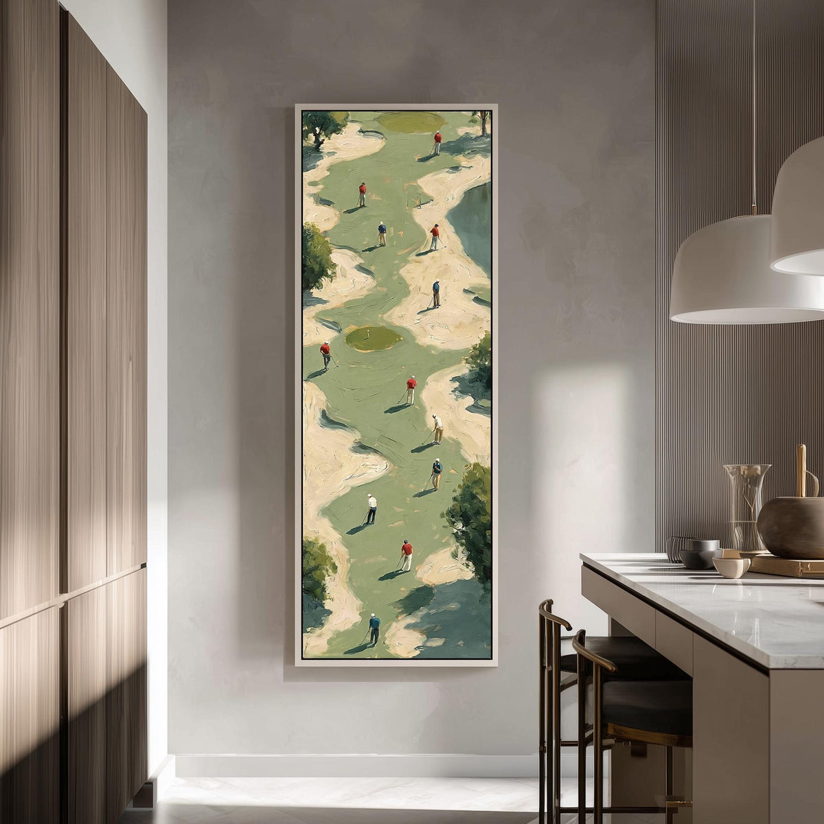 Golfers among sand bunkers seen from above tall skinny canvas print in a modern kitchen
