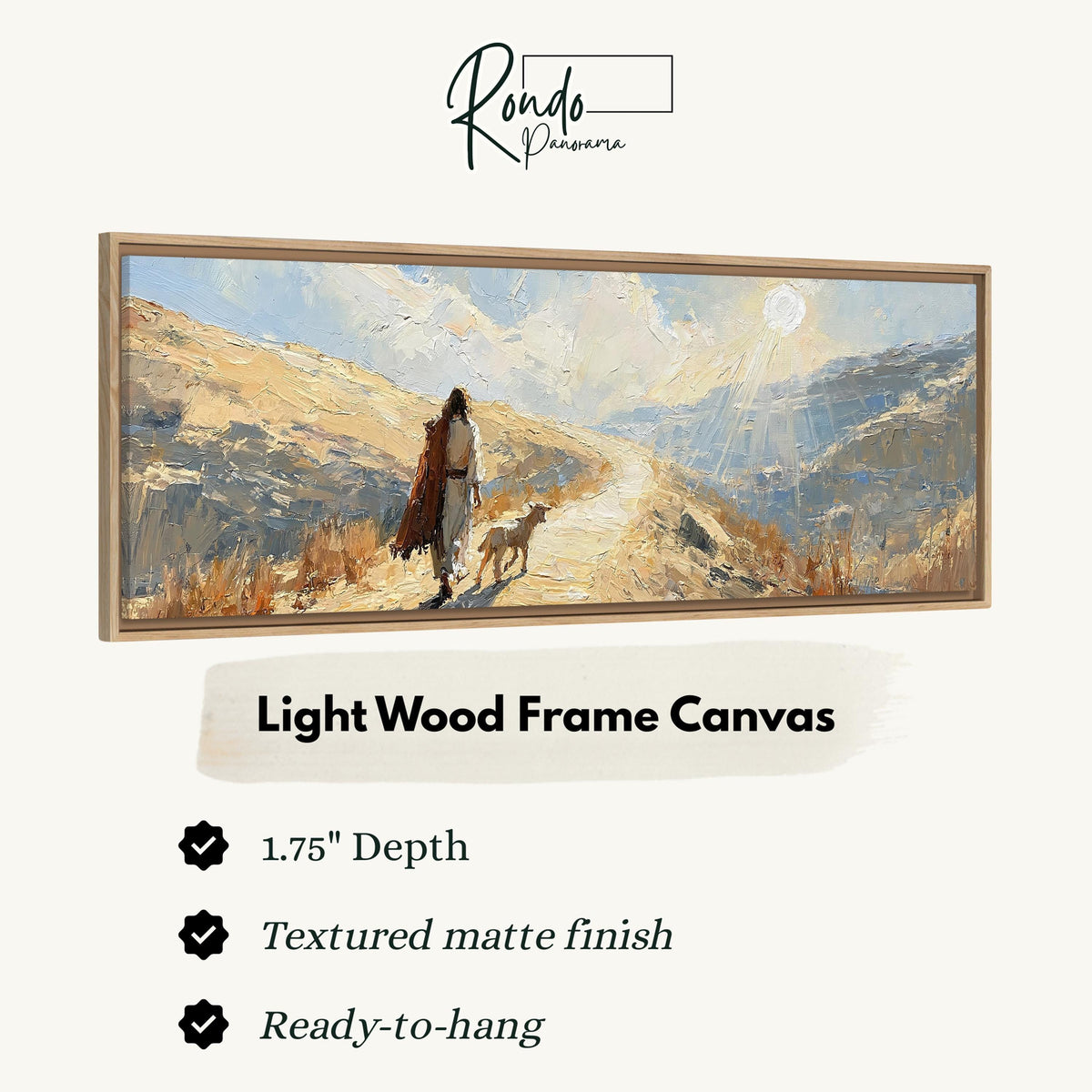 Jesus walking a sunlit hillside path with a sheep canvas print in a light wood floating frame