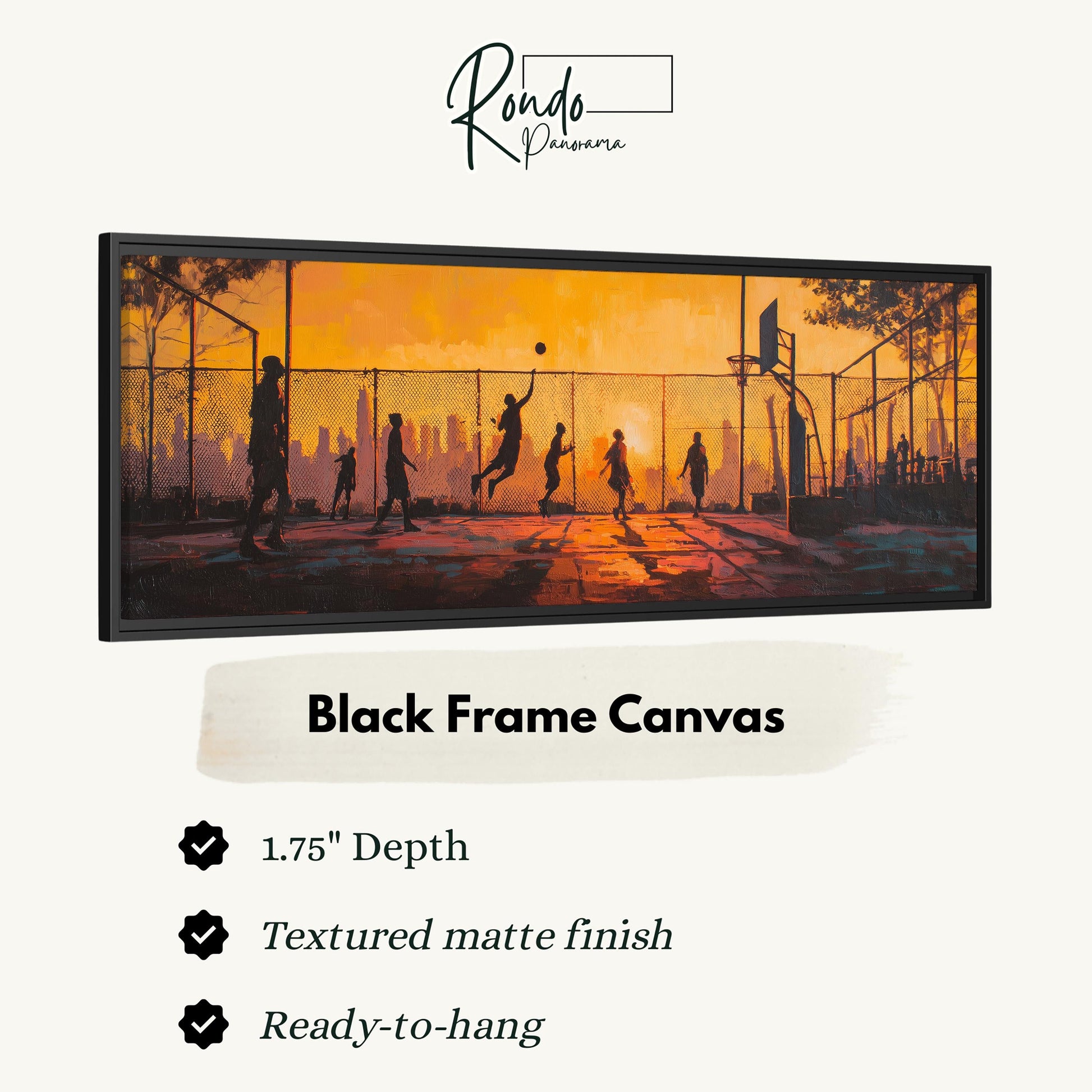 The image is a black frame canvas depicting a basketball game with silhouettes of players and a basketball hoop.