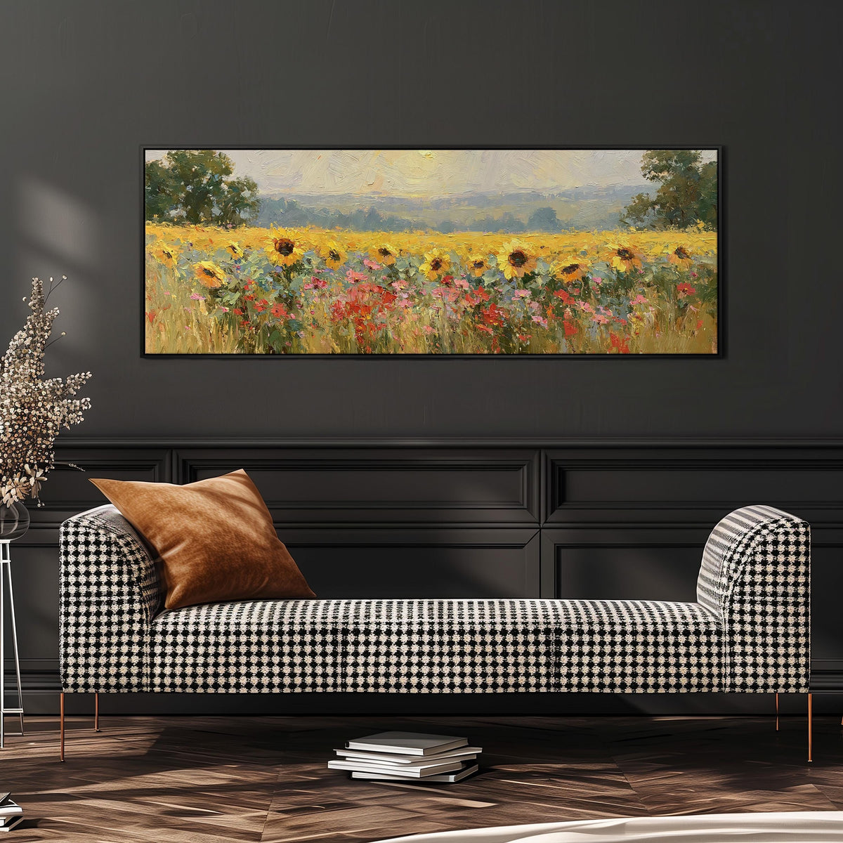 Sunflower and poppy meadow wide panoramic canvas print above a bench in a dark living room