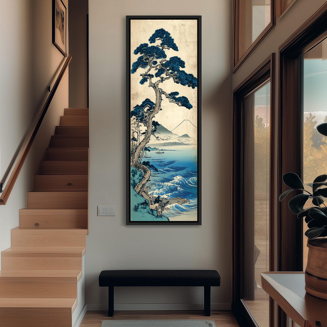 a large framed painting of a blue pine tree with a mountainous landscape in the background, hanging on a wall in a room with a wooden cabinet and a vase of flowers.