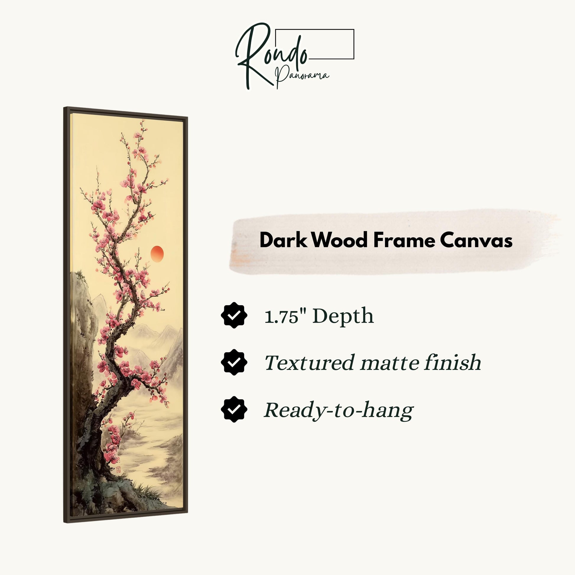 The image is a dark wood frame canvas depicting a cherry blossom tree with pink flowers against a pale yellow background.