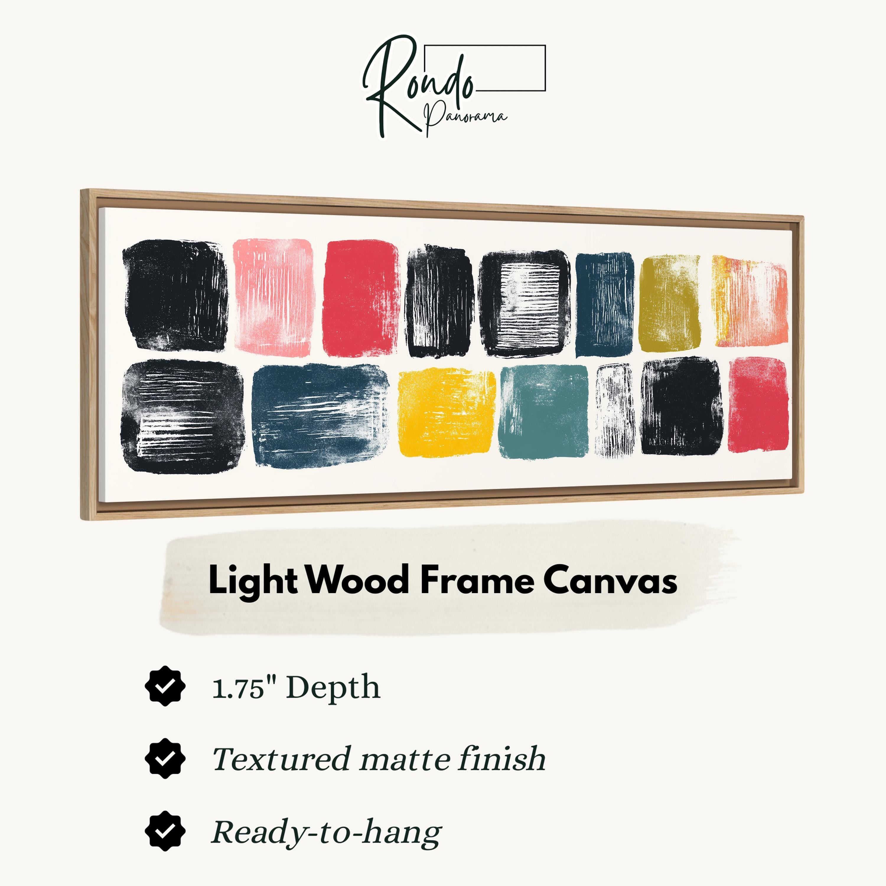 The image is a product advertisement for a light wood frame canvas. It features a variety of abstract shapes in different colors, such as black, pink, yellow, and green, arranged in a frame. The advertisement highlights the canvas's 1.75" depth, textured matte finish, and its readiness to hang.