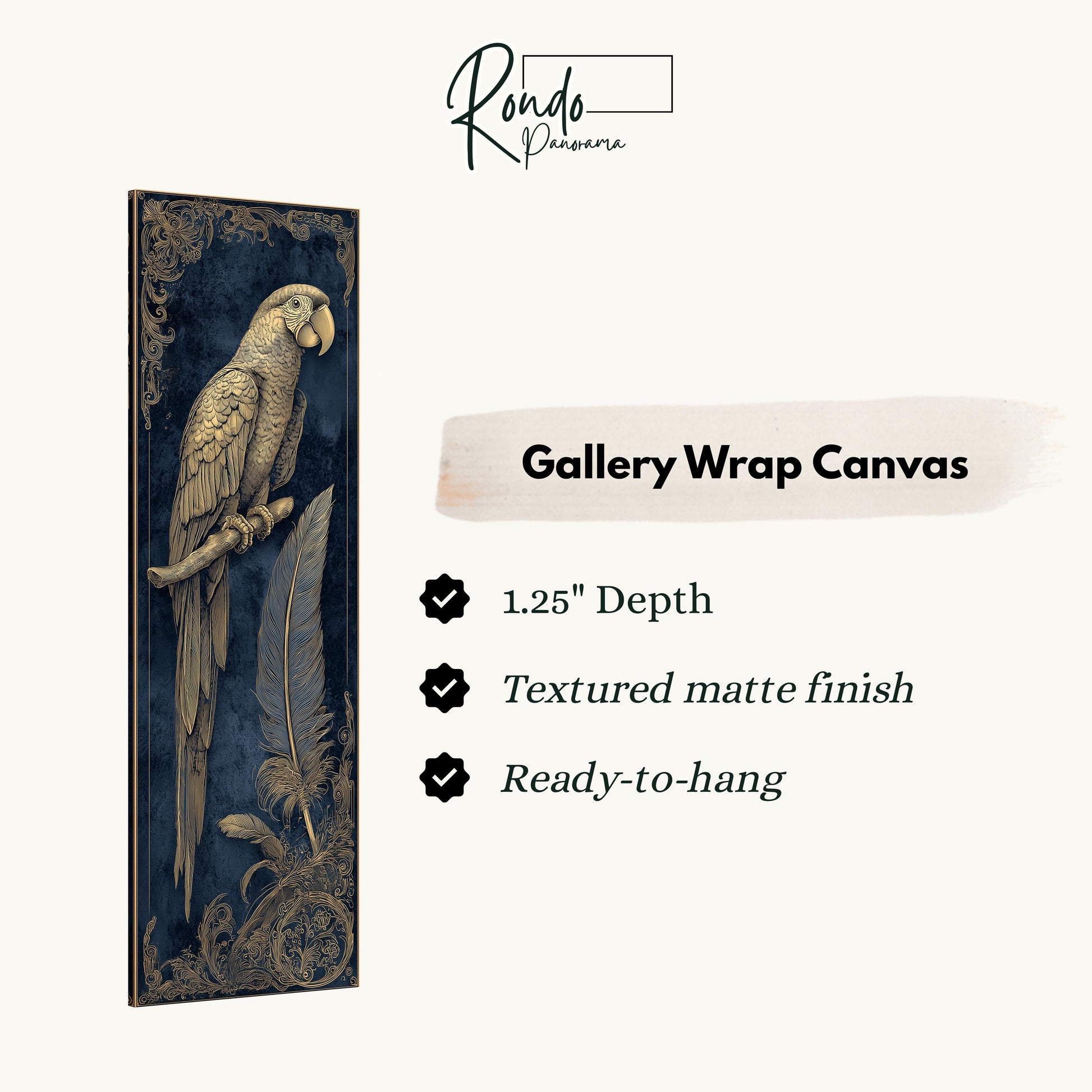 The image is a gallery wrap canvas featuring a gold parrot on a blue background.