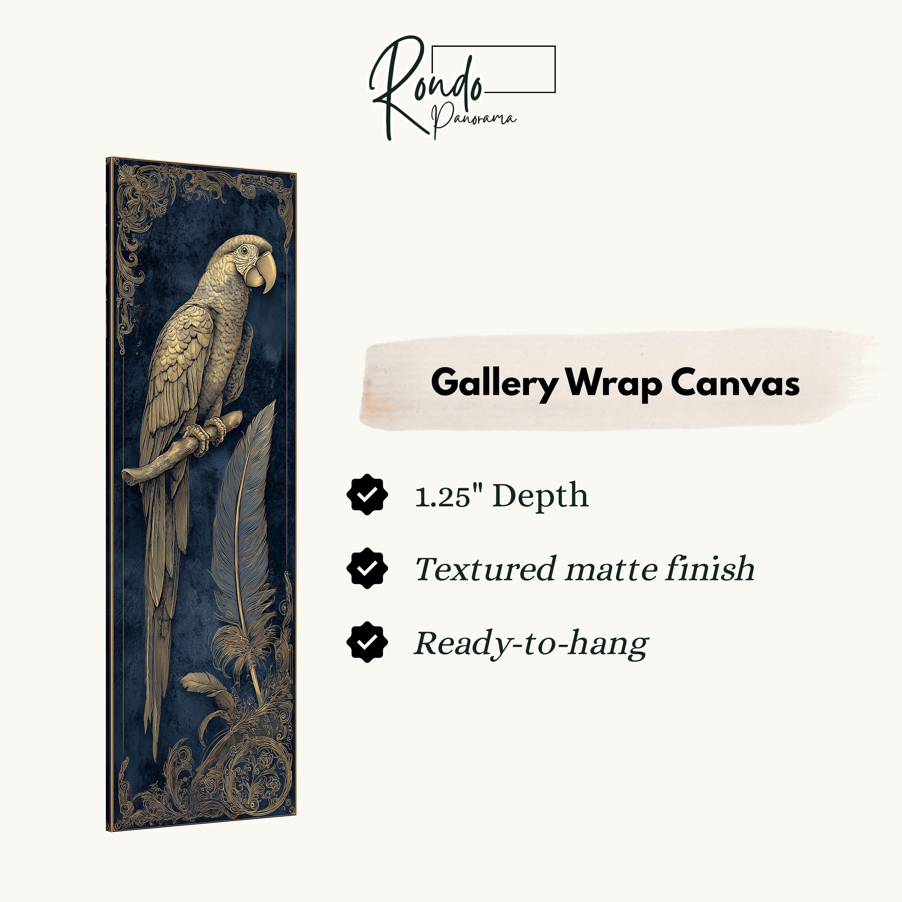 The image is a gallery wrap canvas featuring a gold parrot on a blue background.