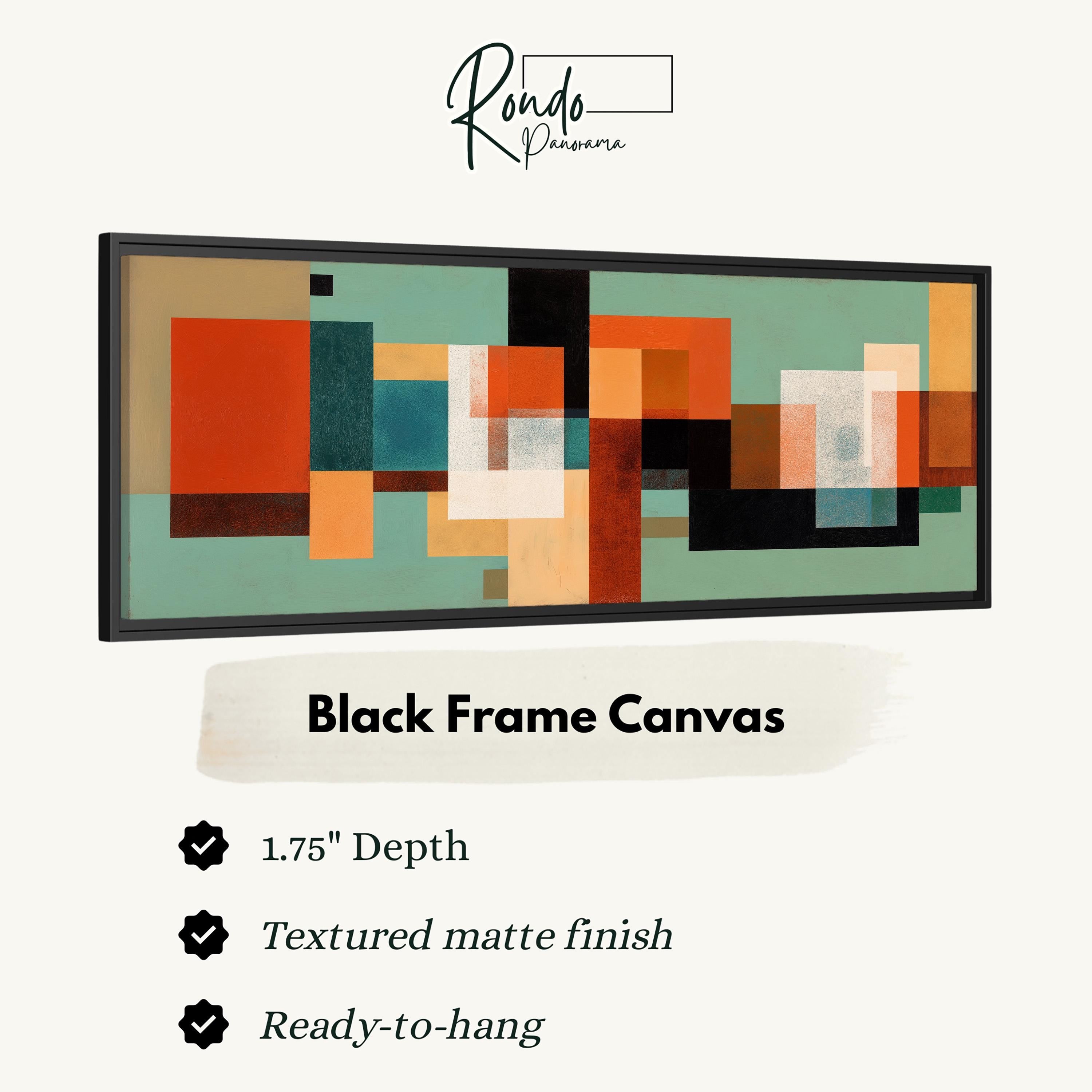The image is a black frame canvas with a geometric abstract design in black, orange, and green colors.