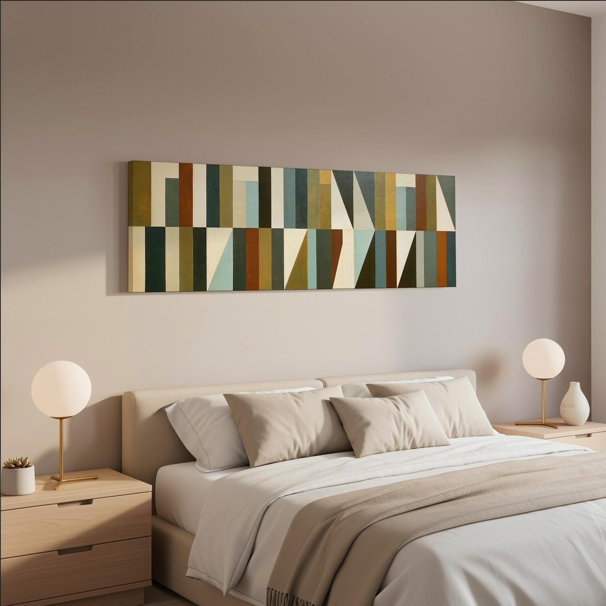 Earth tone geometric triangles wide panoramic canvas print above a bed in a neutral bedroom