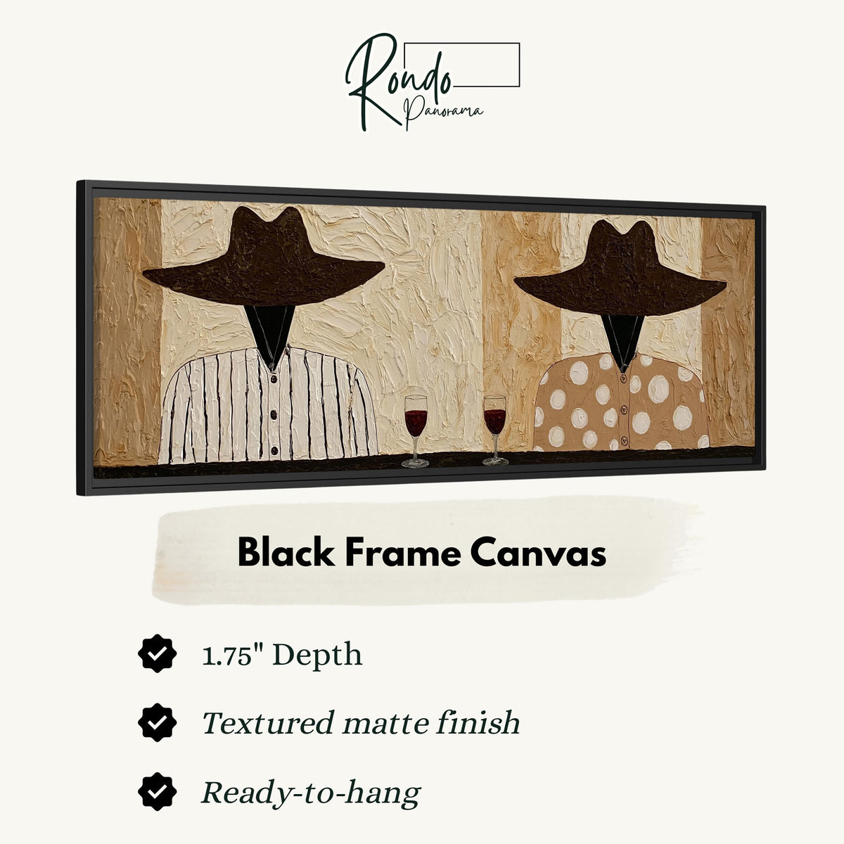 Two folk figures in hats toasting with red wine canvas print in a black floating frame
