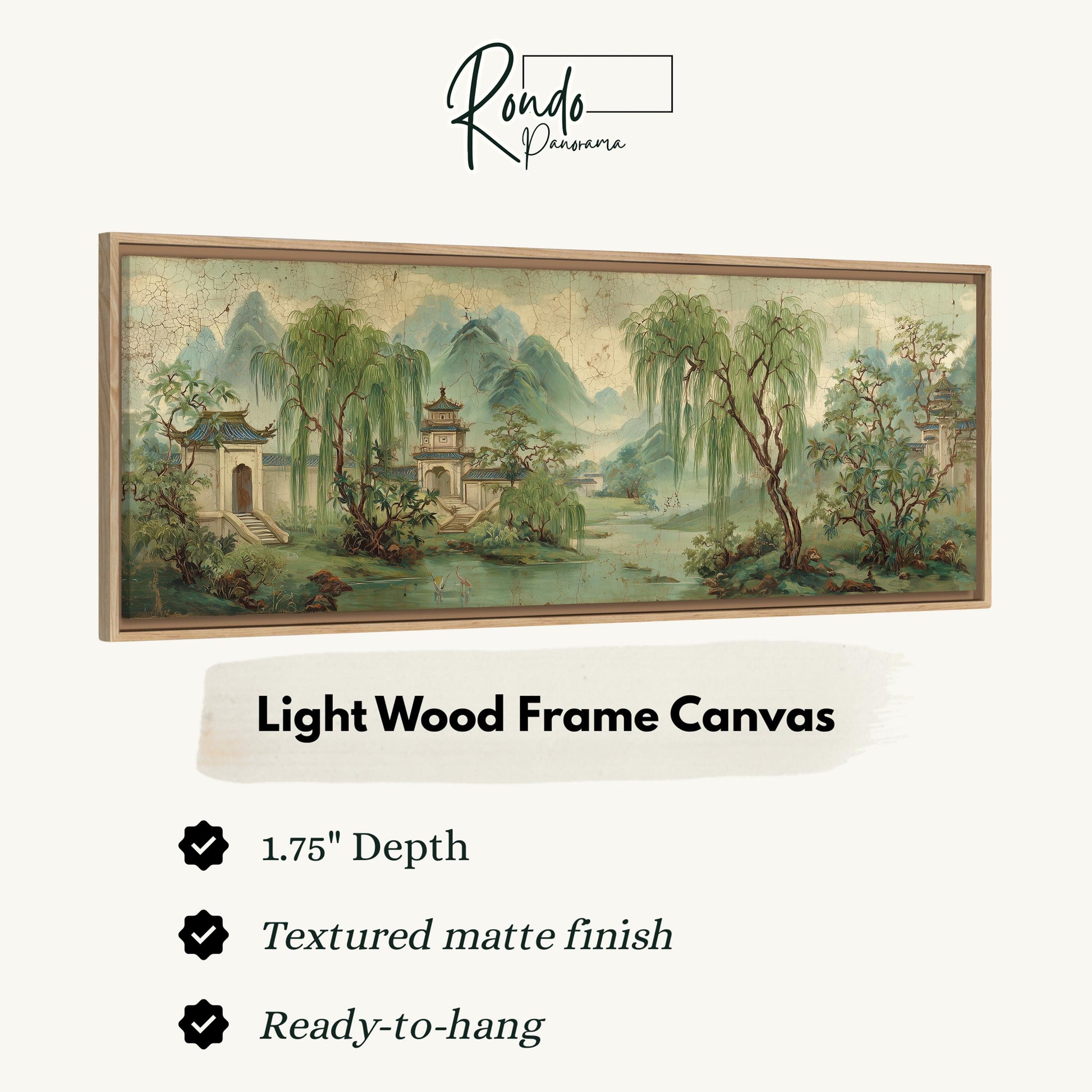 The image is a framed artwork depicting a serene landscape with a temple, trees, and a pond. The frame is described as a light wood frame canvas, which is 1.75" deep and has a textured matte finish. It is ready to hang.