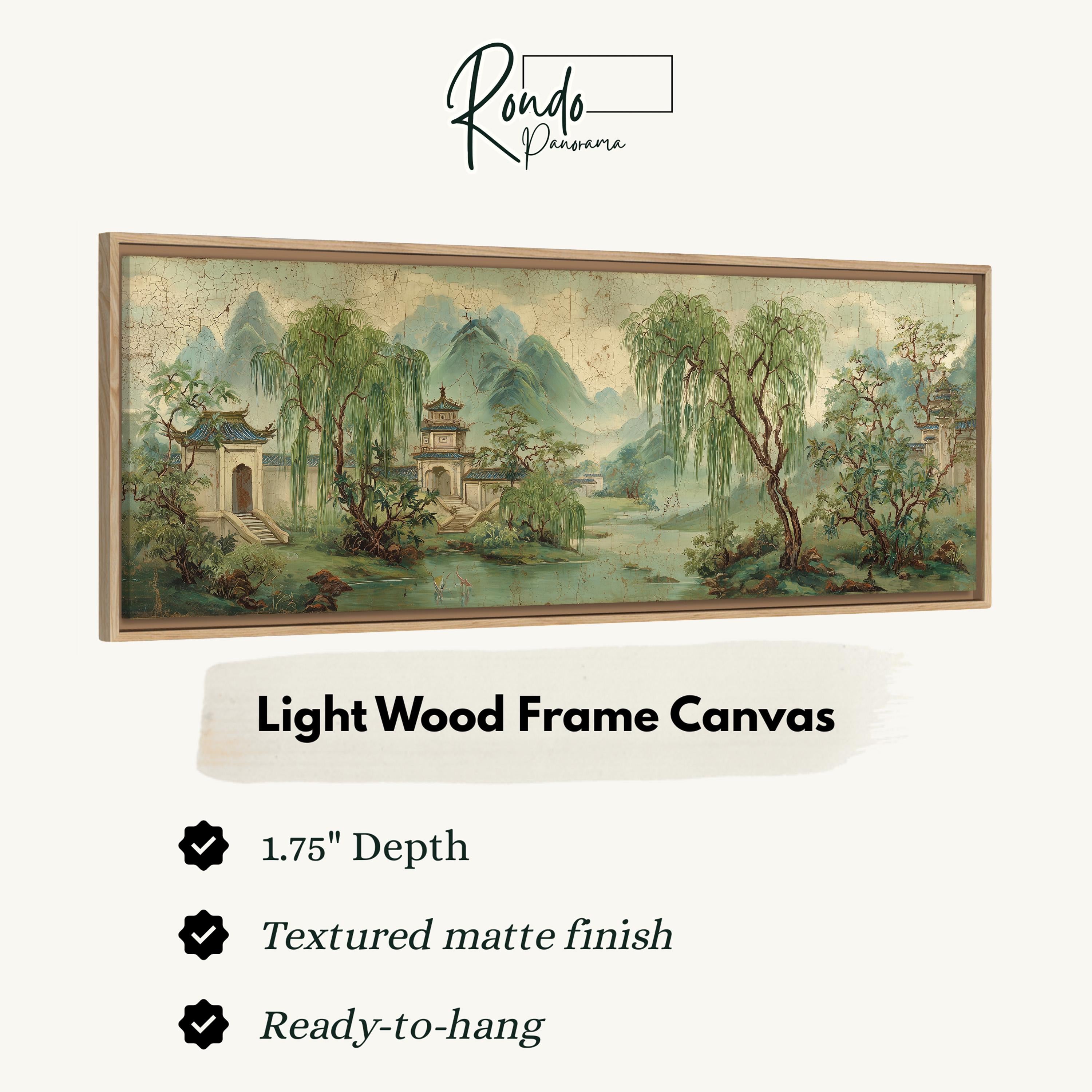 The image is a framed artwork depicting a serene landscape with a temple, trees, and a pond. The frame is described as a light wood frame canvas, which is 1.75" deep and has a textured matte finish. It is ready to hang.