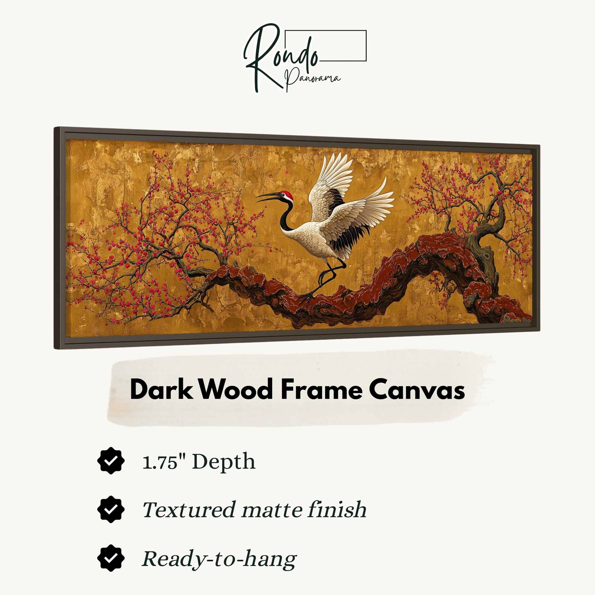 The image is a framed artwork depicting a crane in flight over a tree with red berries.