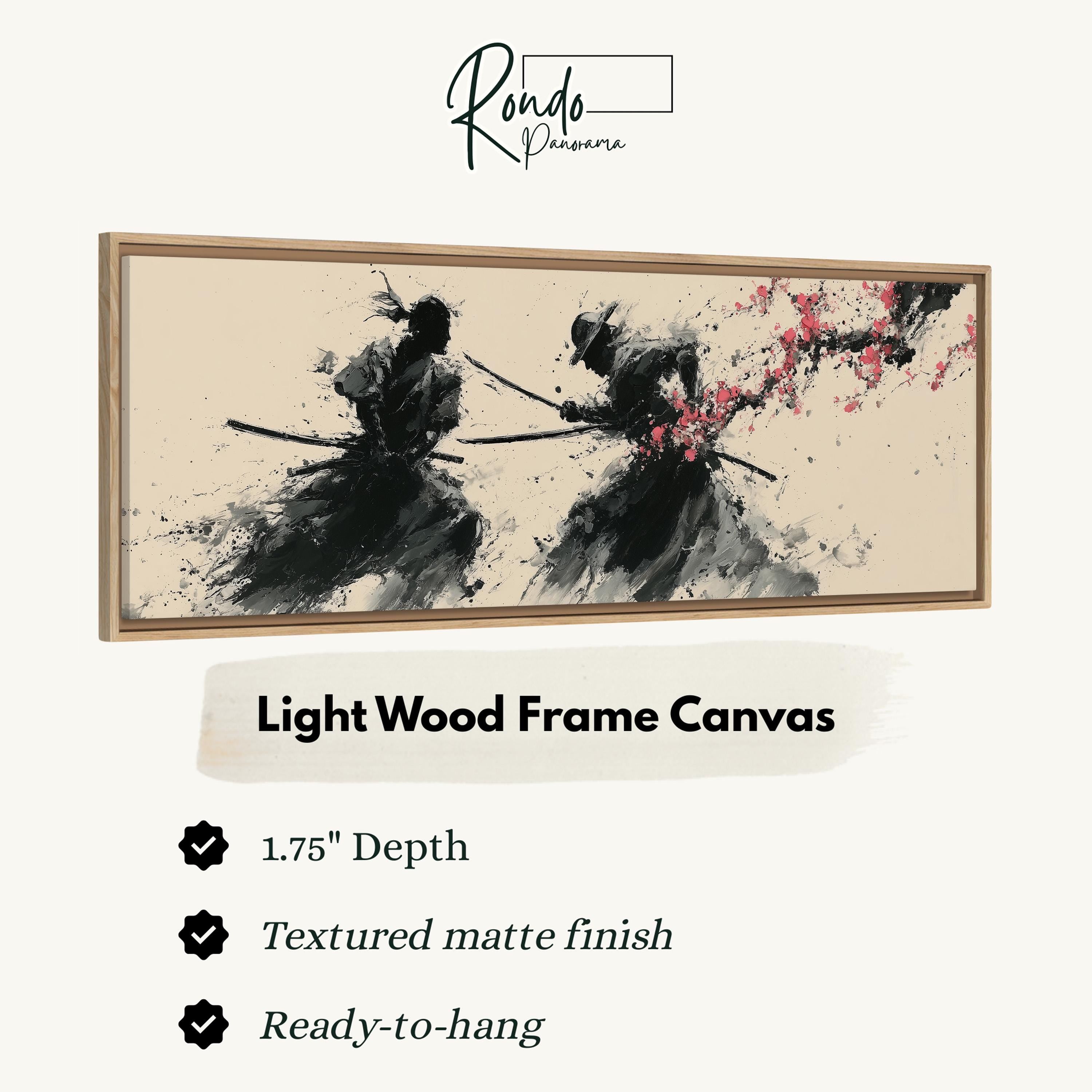 a wooden frame canvas depicting two figures wielding swords, with a textured matte finish and a 1.75" depth.