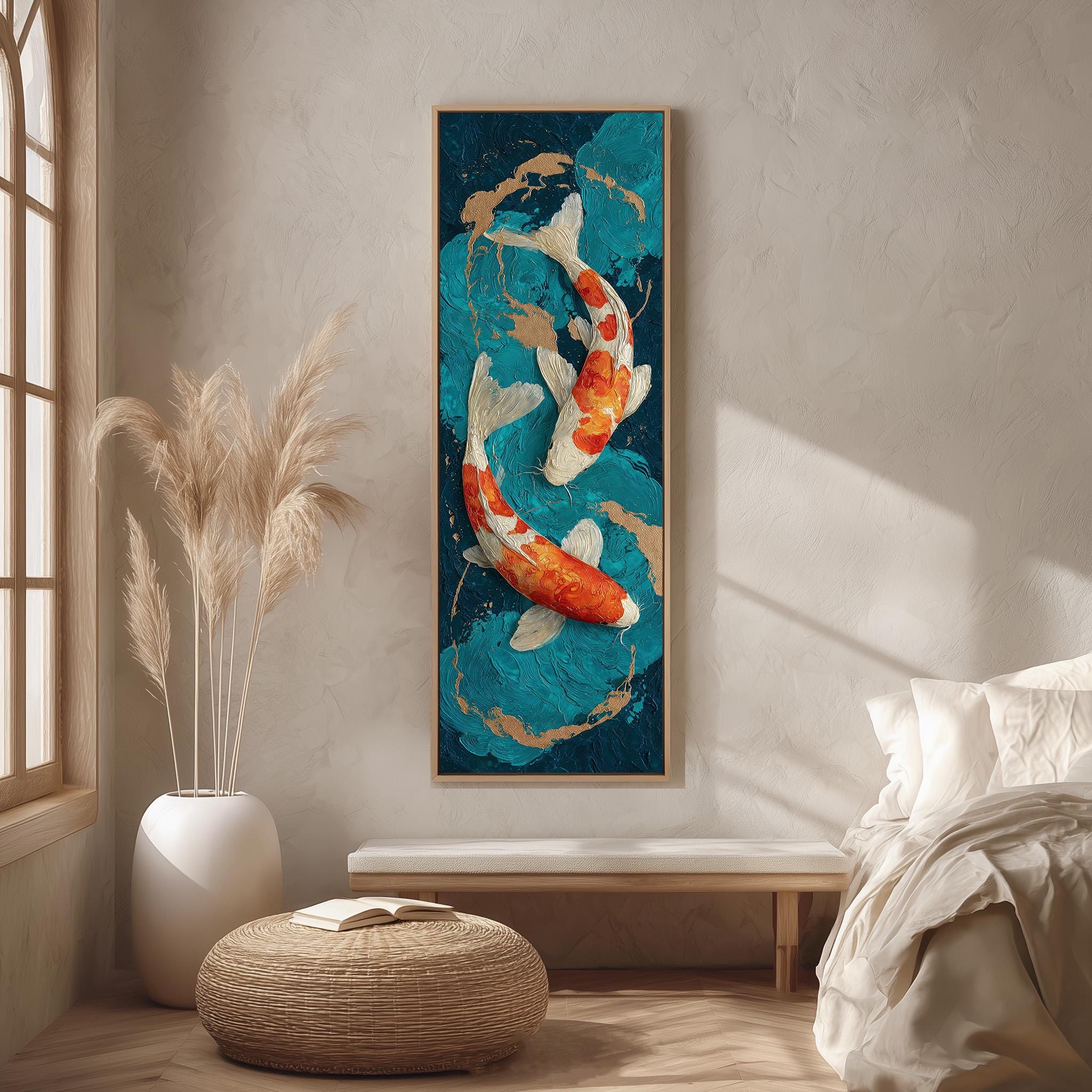 a large painting of two koi fish swimming in a blue and green water scene, hanging on a wall in a room with a bed, a wicker ottoman, and a potted plant.