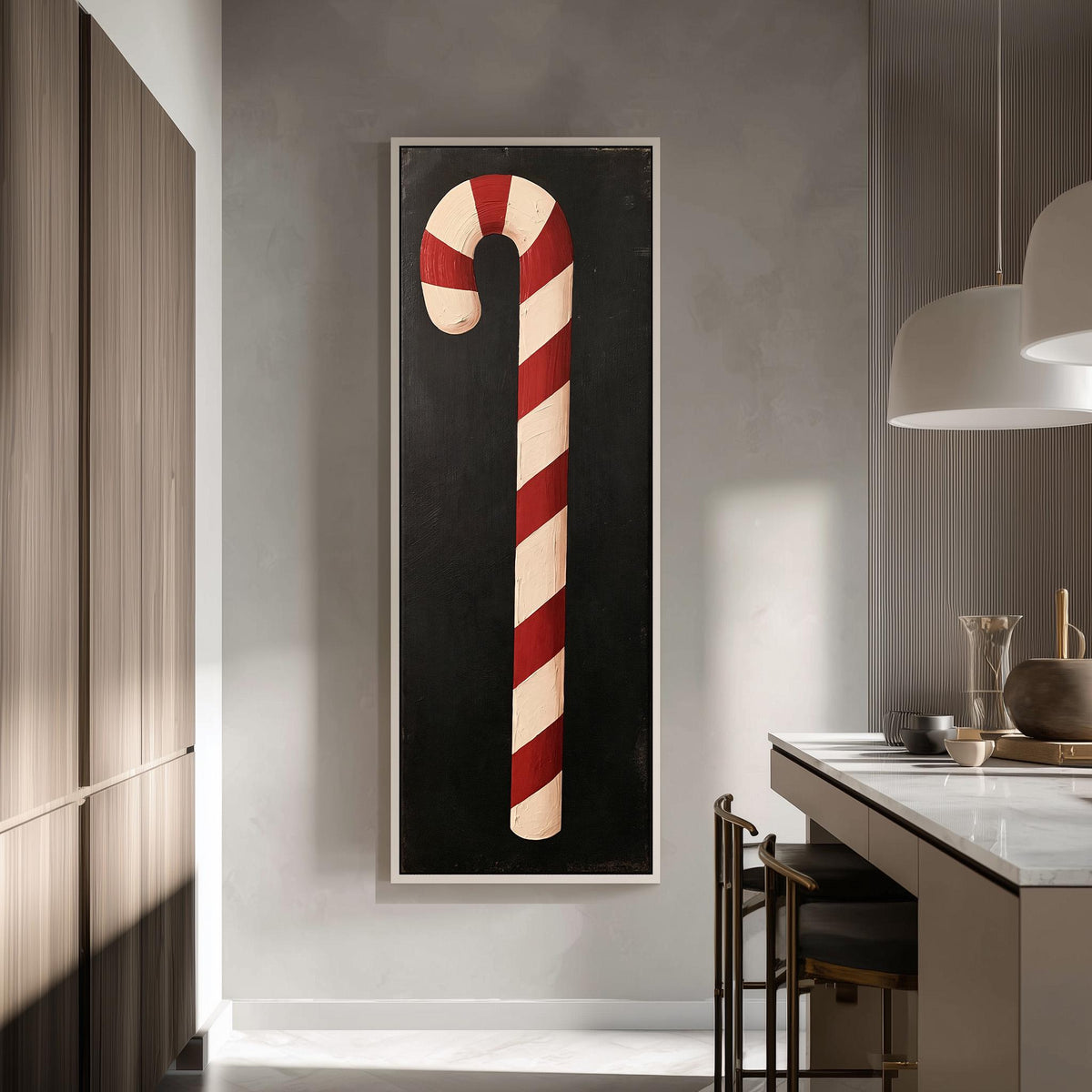 Single candy cane on black tall skinny canvas print in a modern kitchen