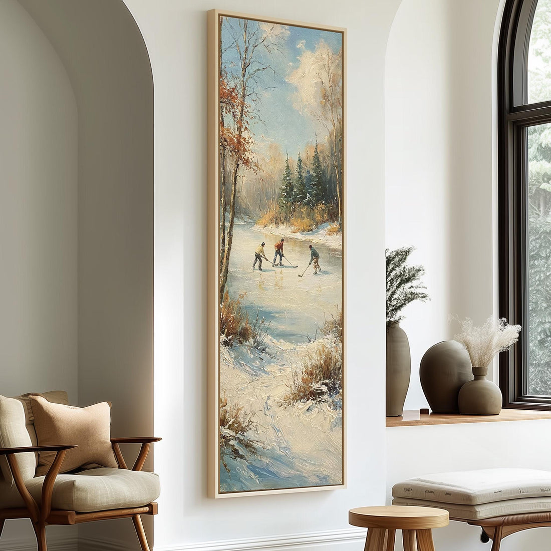 Kids playing hockey on a frozen river long vertical canvas print in a sunlit living space